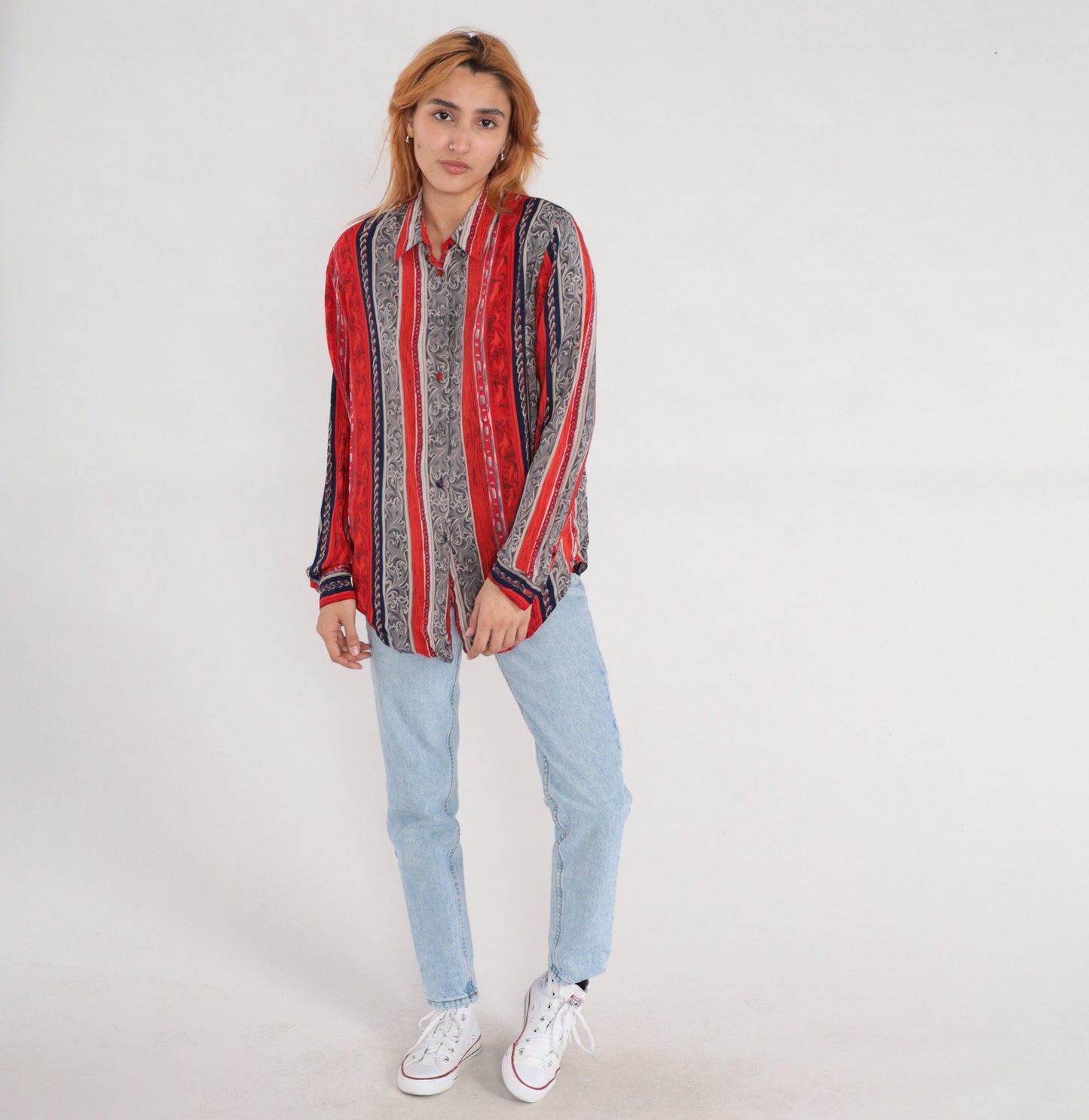 90s Silk Baroque Striped Button-Up Blouse Chain Print Red Grey Medium