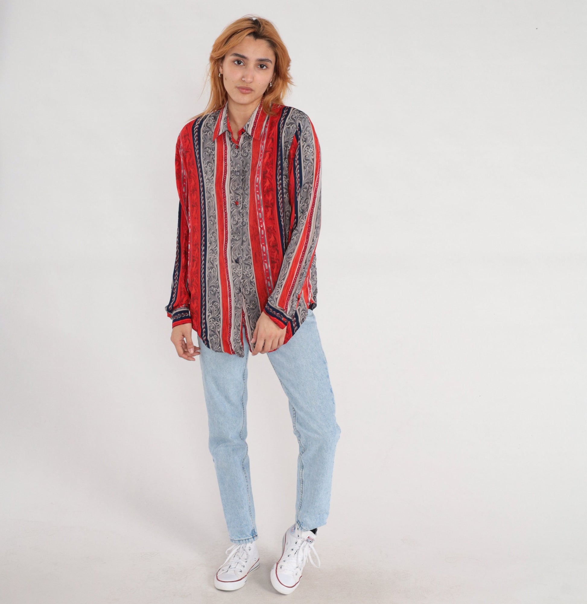 90s Silk Baroque Striped Button-Up Blouse Chain Print Red Grey Medium