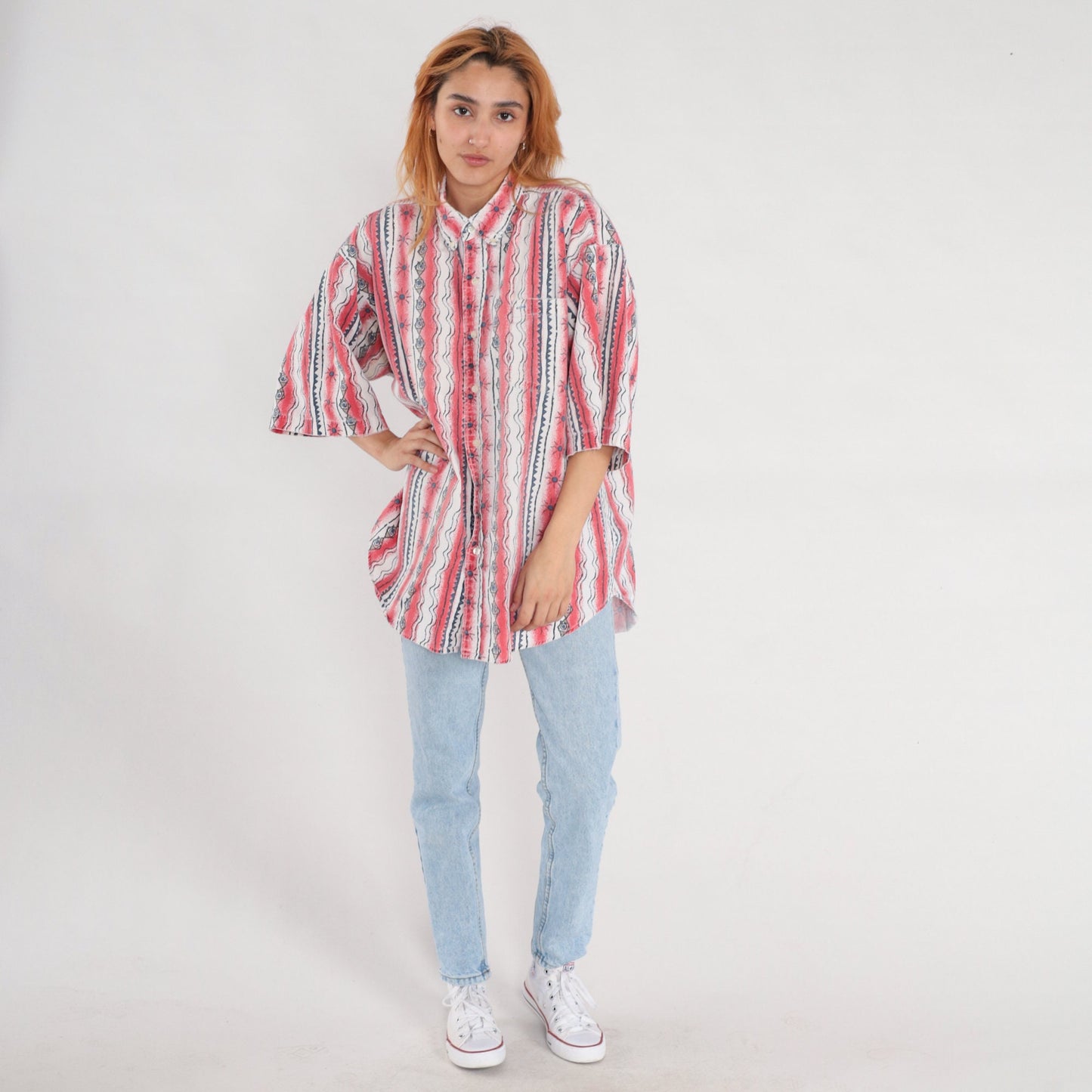 90s Celestial Red Striped Button Up Shirt Geometric Sun Print Extra Large