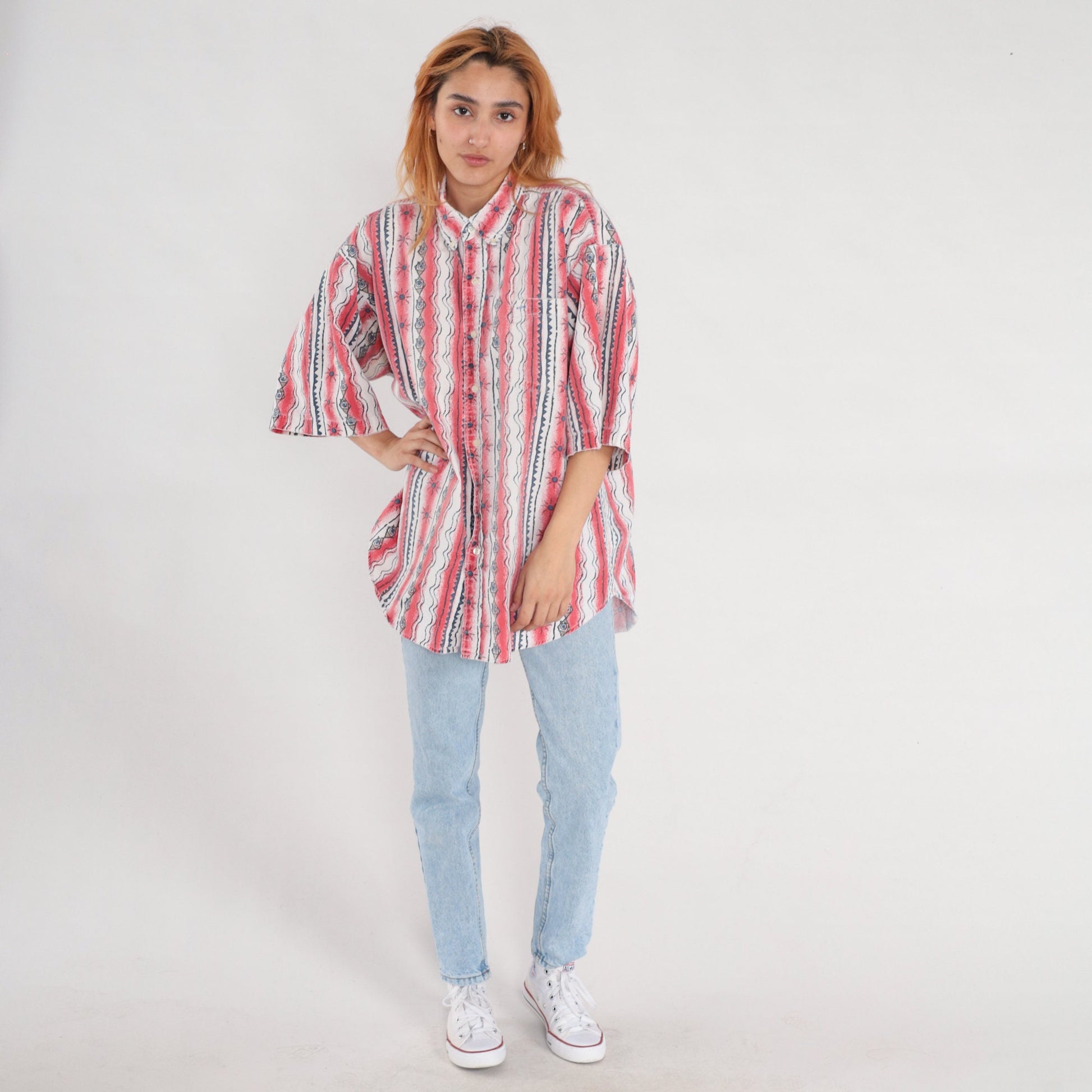 90s Celestial Red Striped Button Up Shirt Geometric Sun Print Extra Large