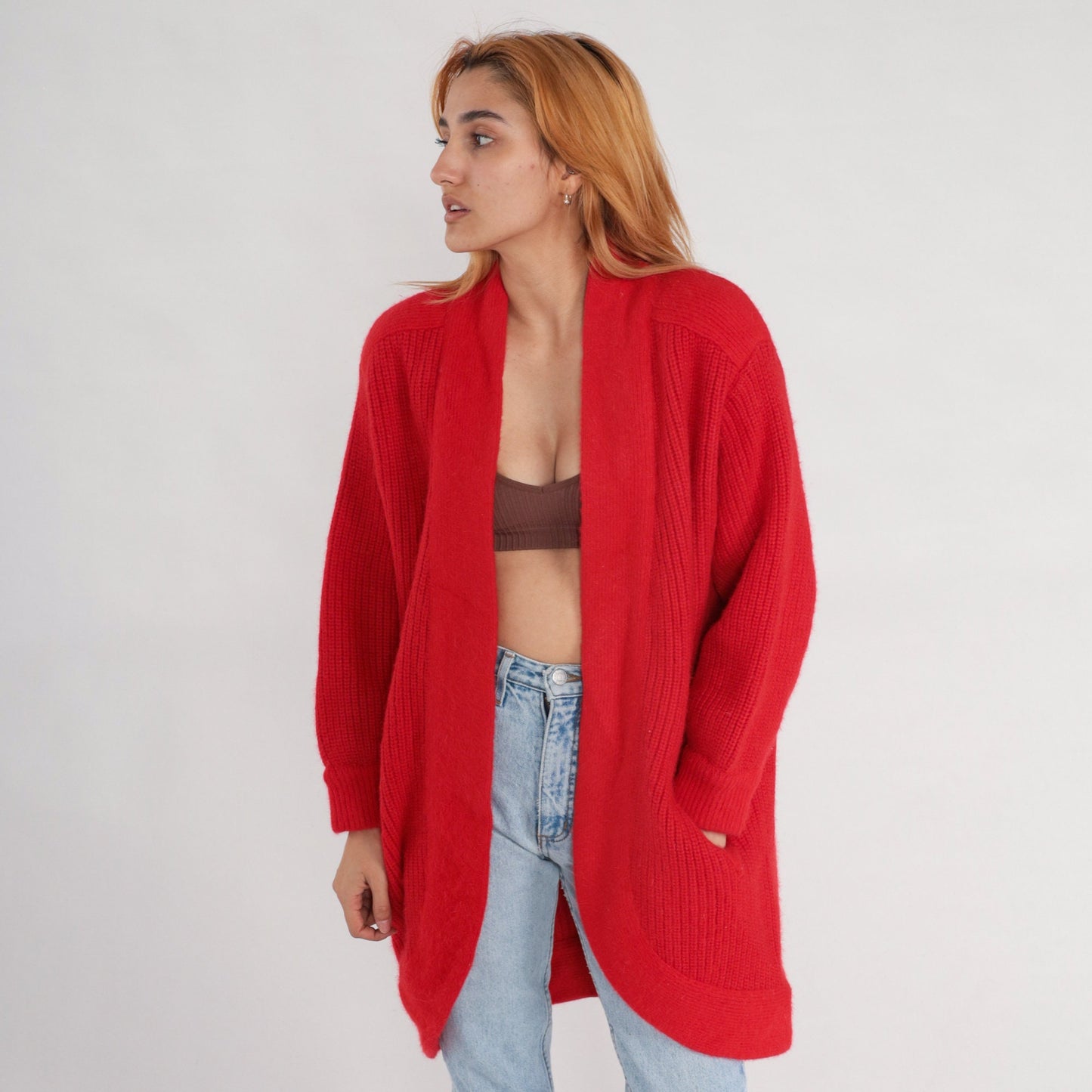 80s Red Wool Blend Cardigan Sweater Ribbed Knit Open Front Pockets Medium Large