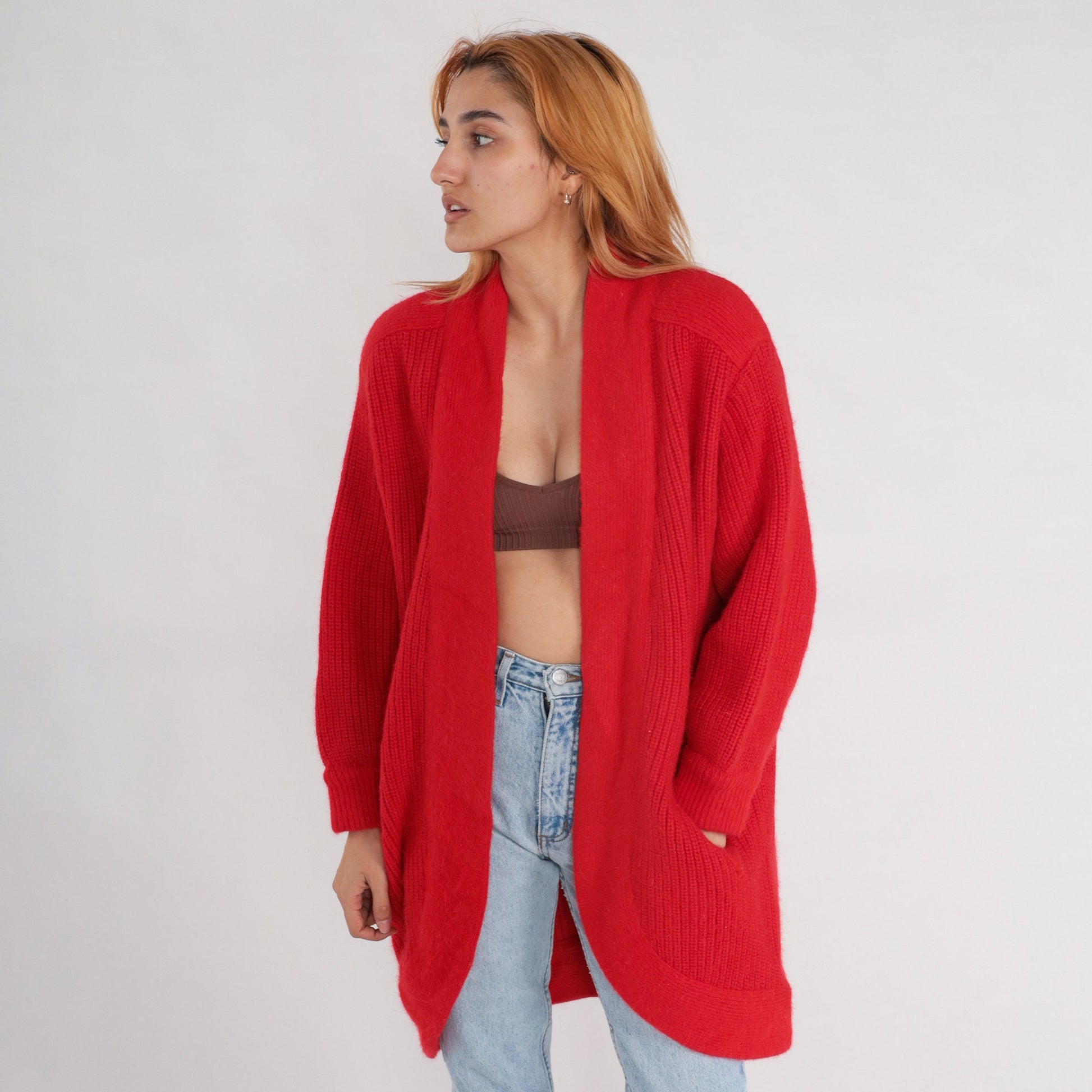 80s Red Wool Blend Cardigan Sweater Ribbed Knit Open Front Pockets Medium Large