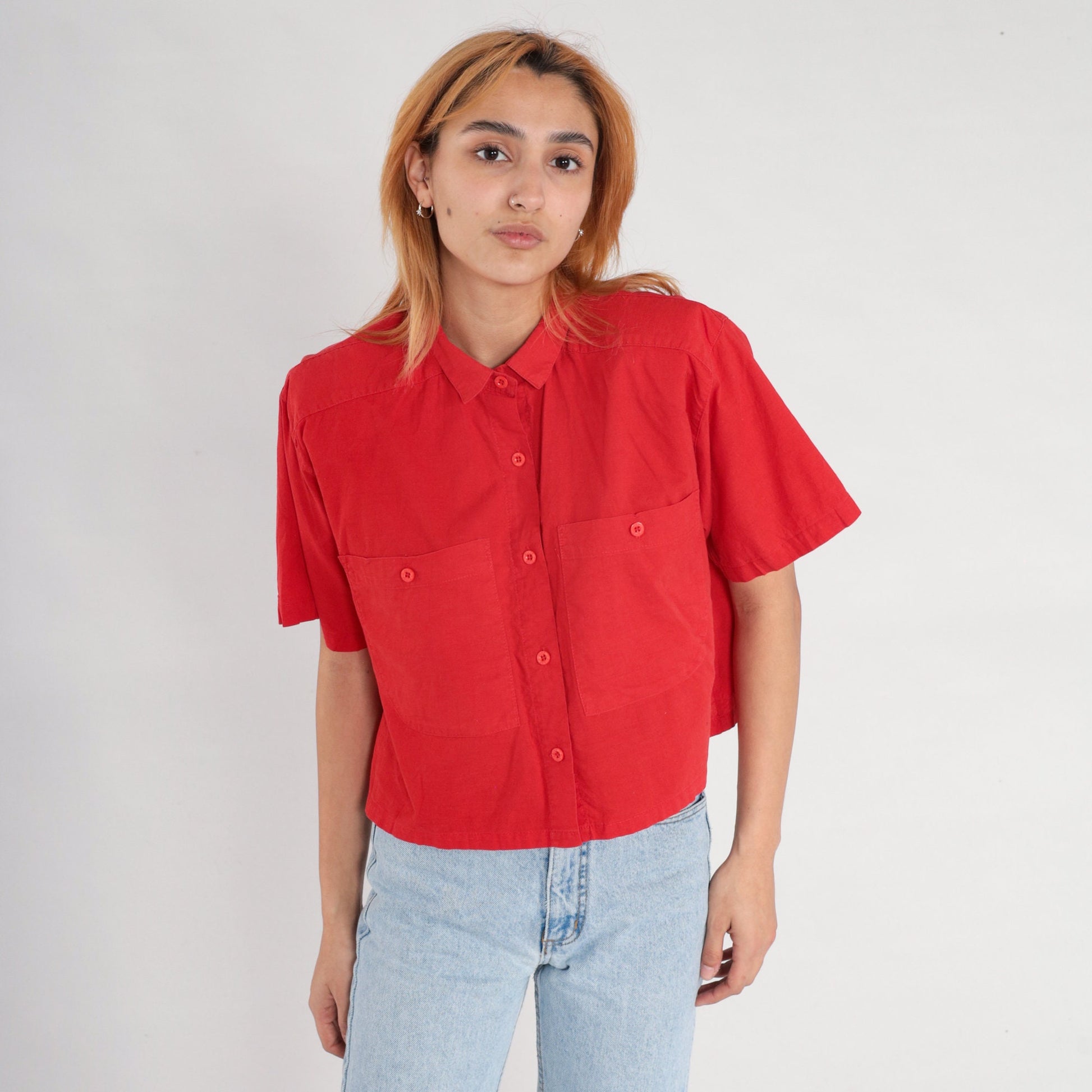 80s Red Button-Up Blouse Short Sleeve Chest Pocket Cotton Blend Medium