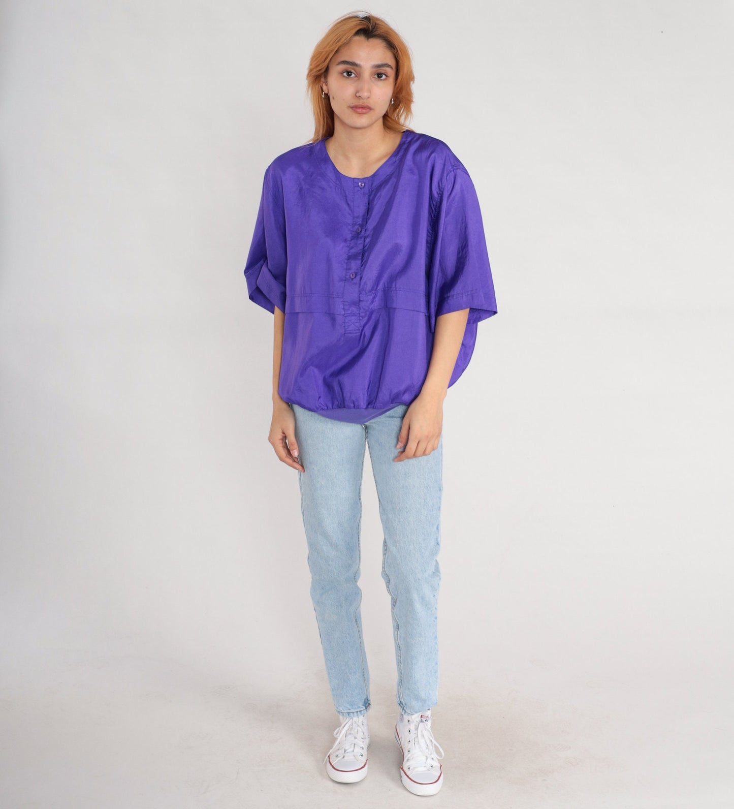 90s Leslie Fay Purple Button-Up Blouse Half Sleeve Banded Hem XXL