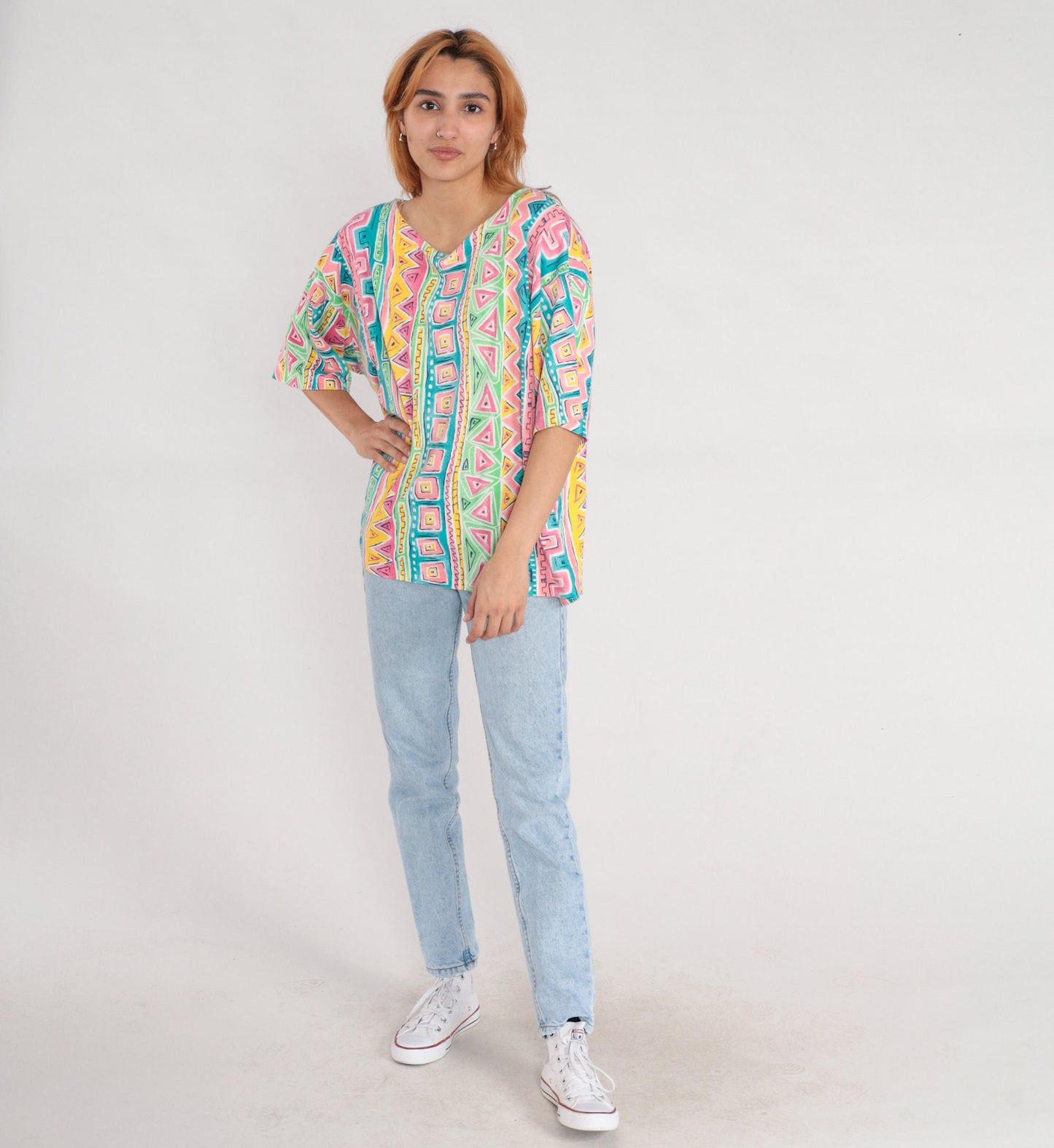 90s Geometric Striped T-Shirt Green Blue Pink Surfer Print Extra Extra Large XXL
