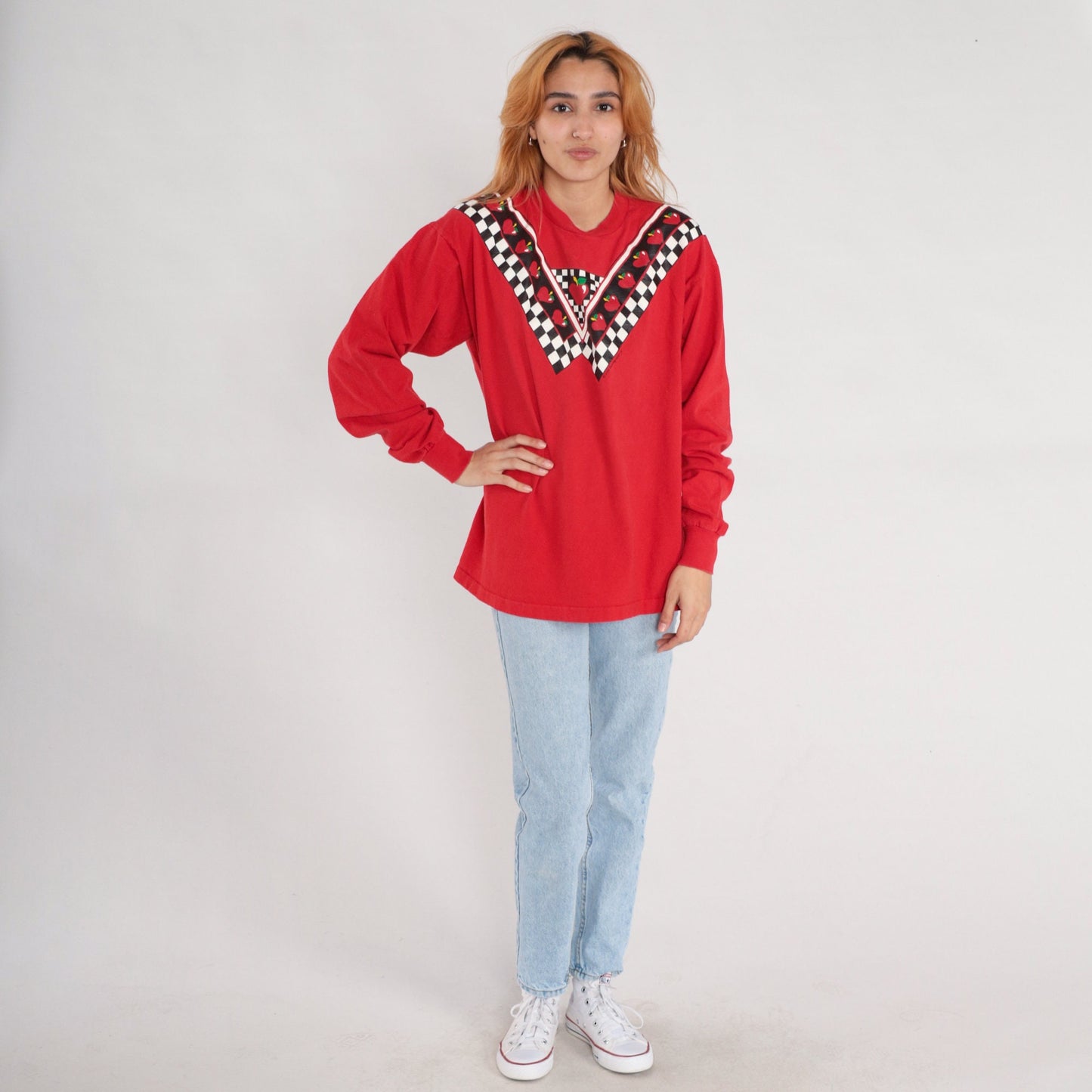 90s Apple Checkered Print Long Sleeve T-Shirt Red Extra Large XL