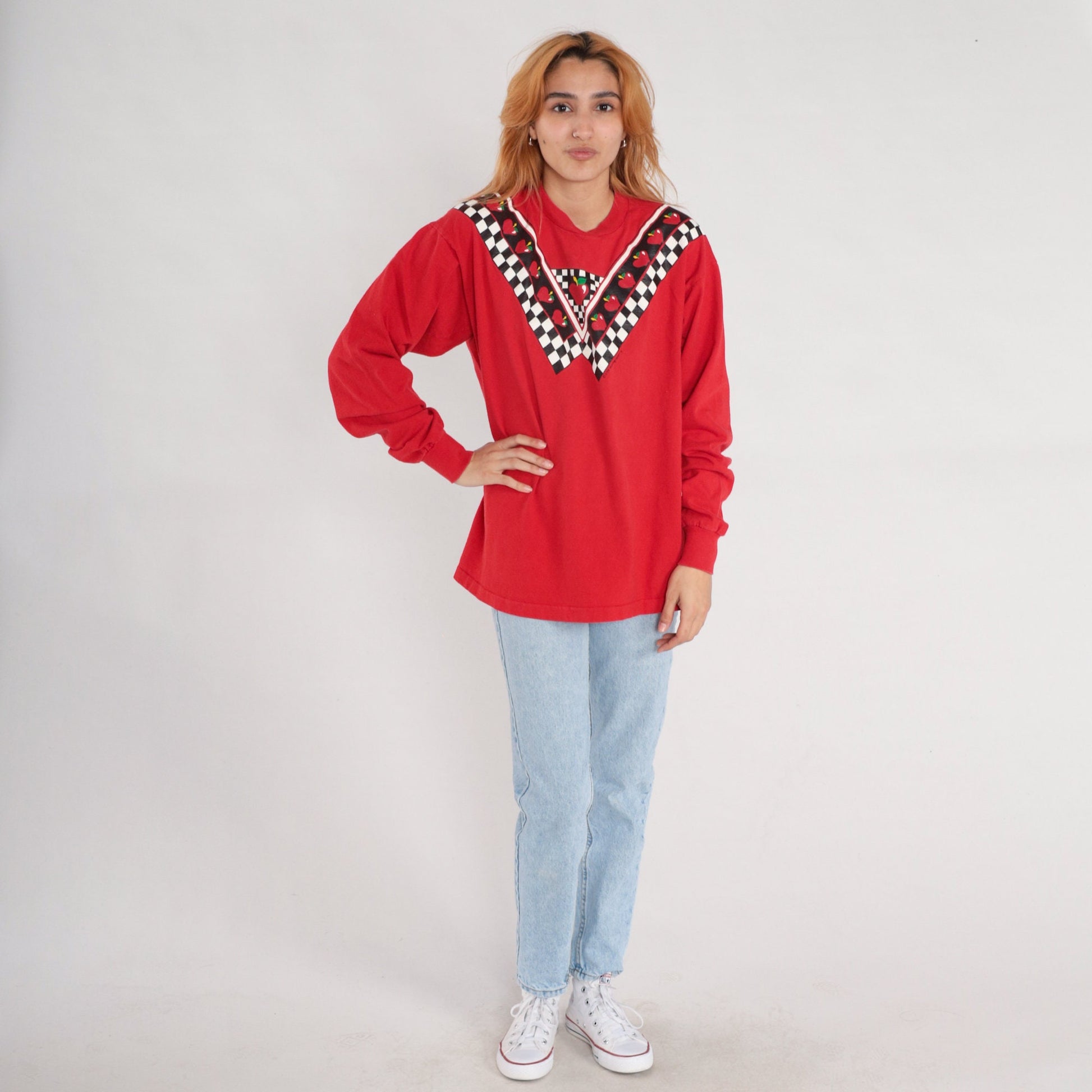 90s Apple Checkered Print Long Sleeve T-Shirt Red Extra Large XL