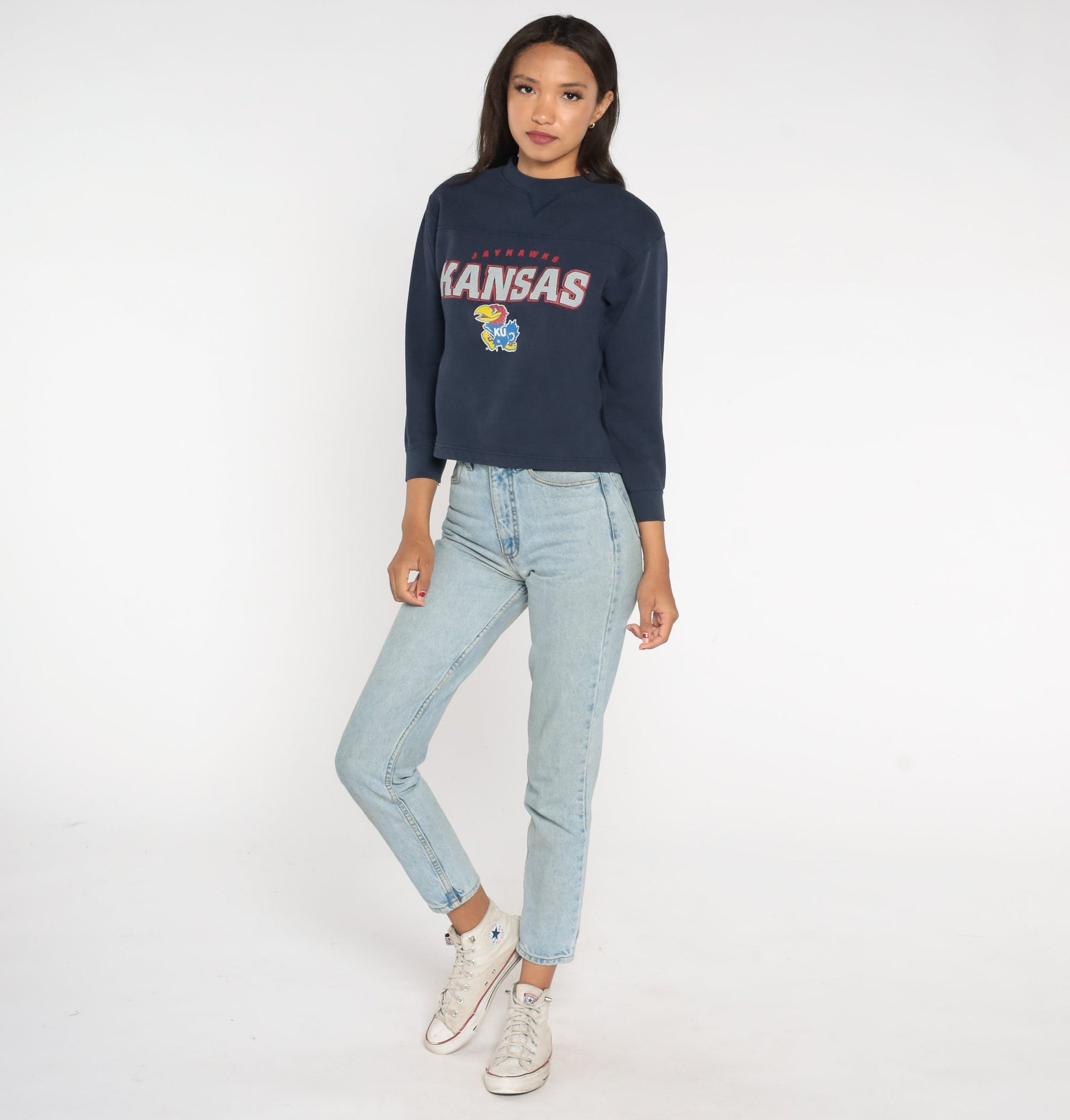 Y2K Kansas Jayhawks NCAA Football Sweatshirt Navy Crewneck Extra Small