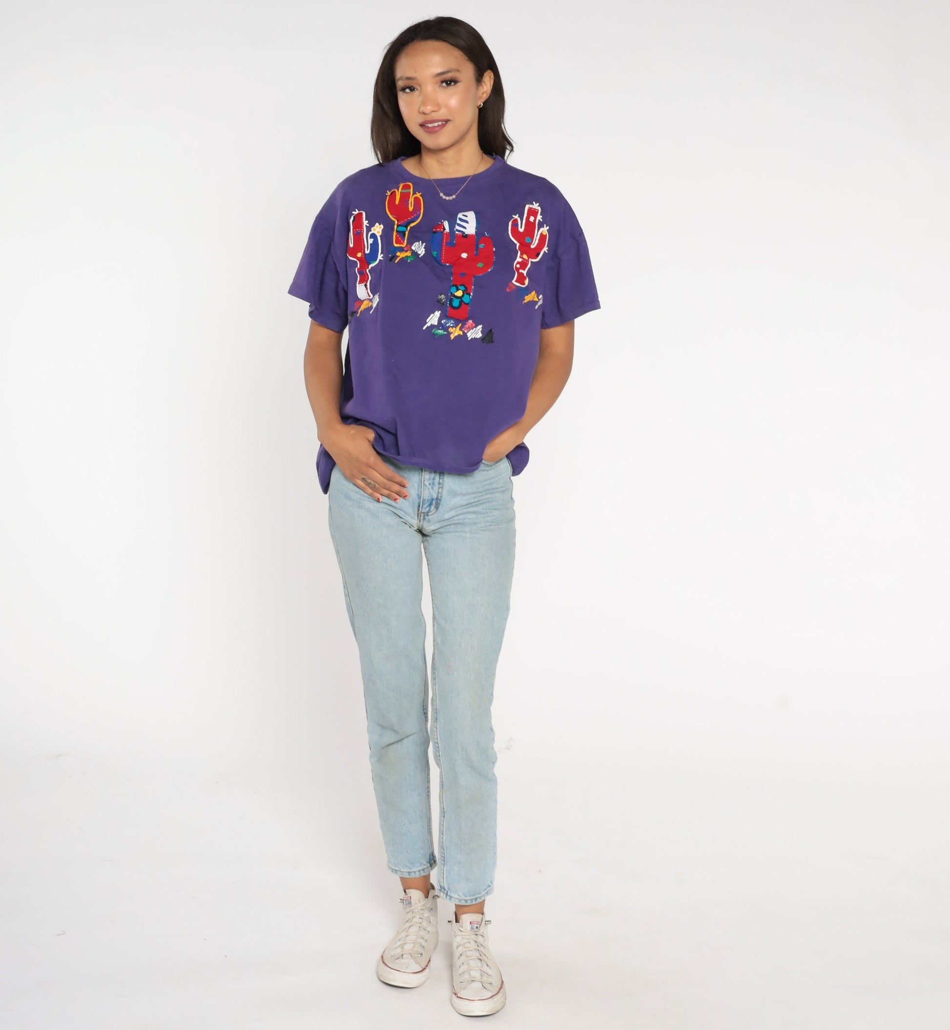90s Cactus Saguaro Painted T-Shirt Purple Southwest Graphic Cotton Tee