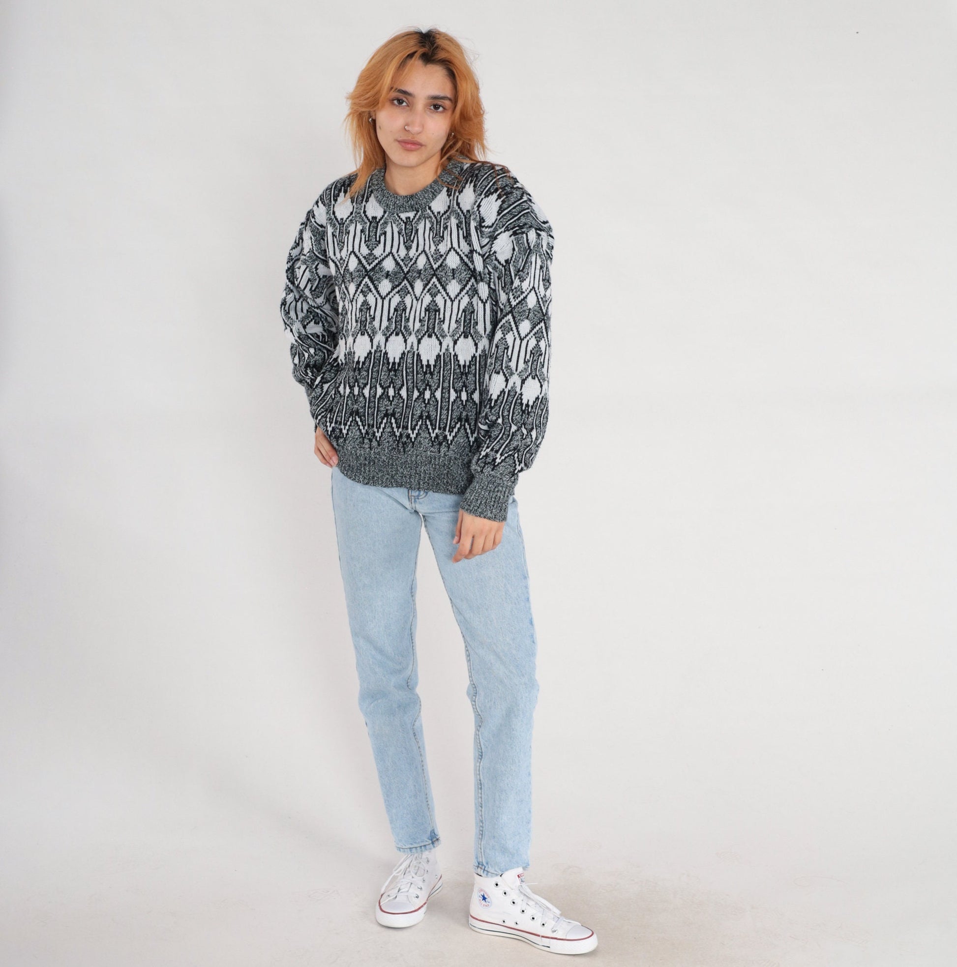 90s Geometric Knit Sweater Grey Black White Crewneck Pullover Large