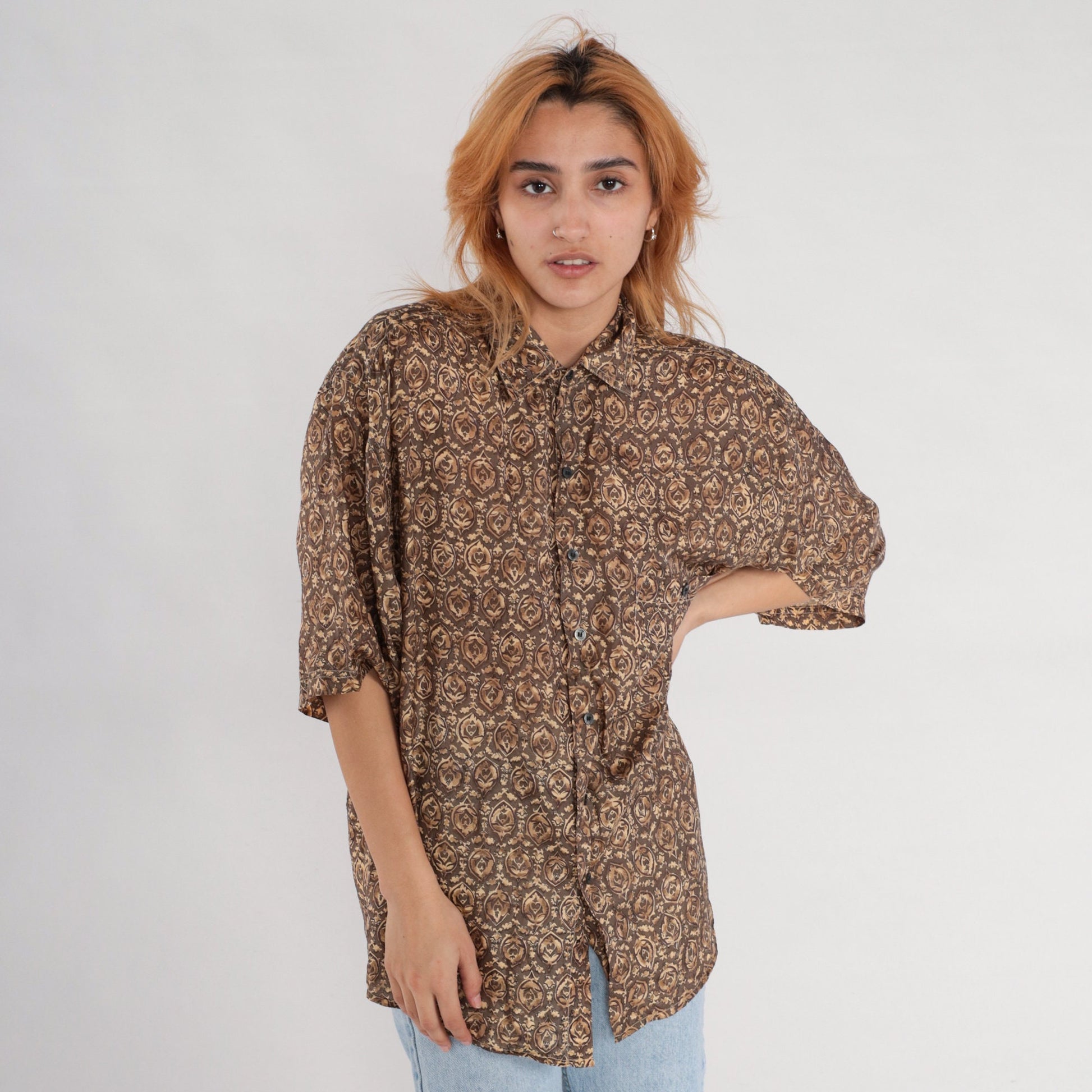 Y2K Brown Geometric Floral Silk Button-Up Shirt Short Sleeve Small S