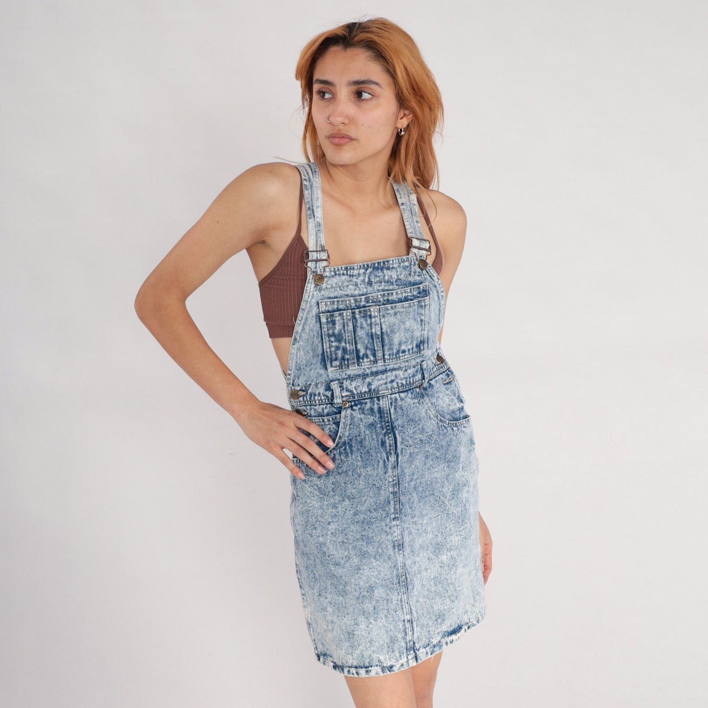 80s Acid Wash Denim Overall Dress Mini Sleeveless Bib Jumper Small