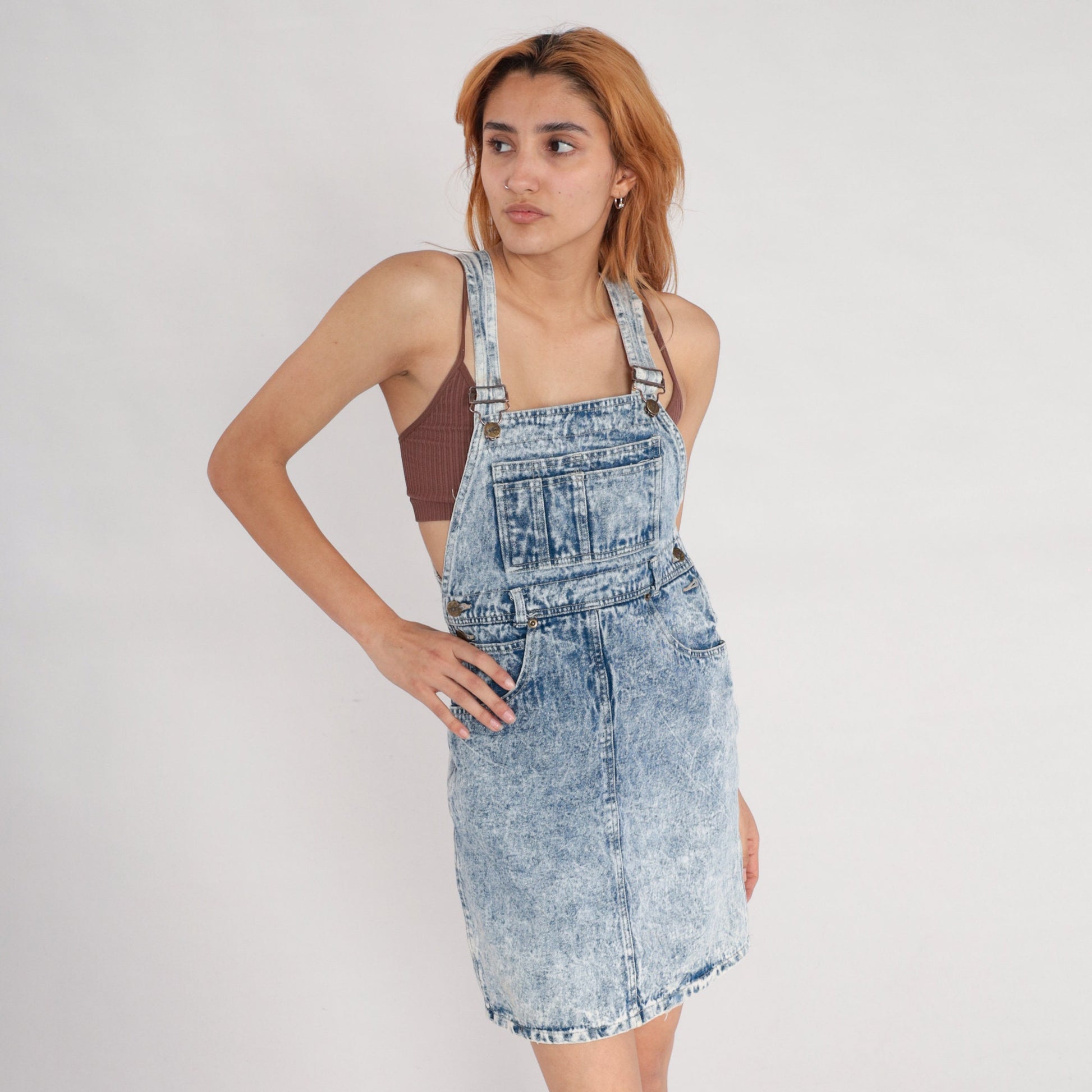 80s Acid Wash Denim Overall Dress Mini Sleeveless Bib Jumper Small