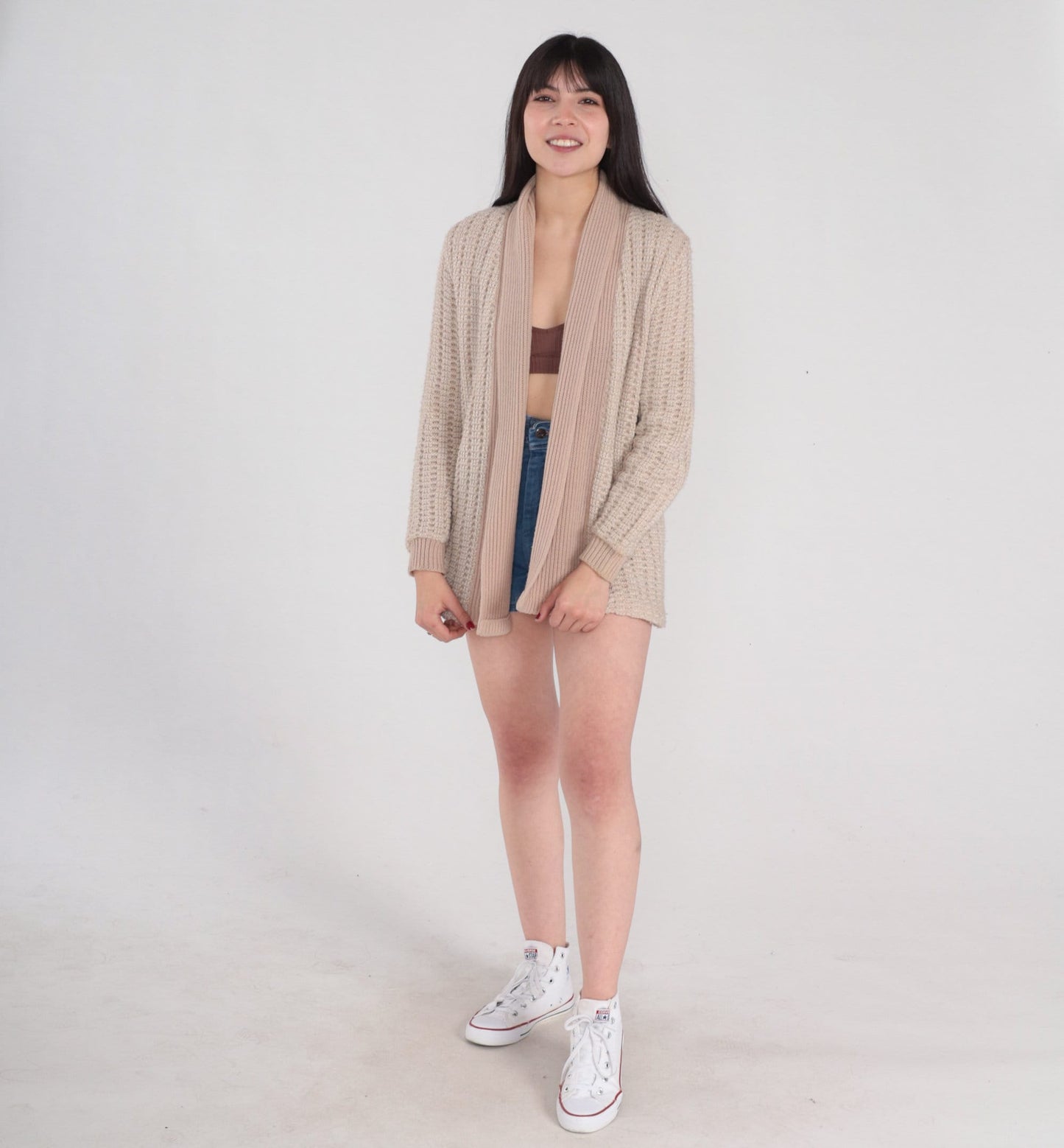 70s Light Brown Knit Cardigan Open Front Sweater Small S