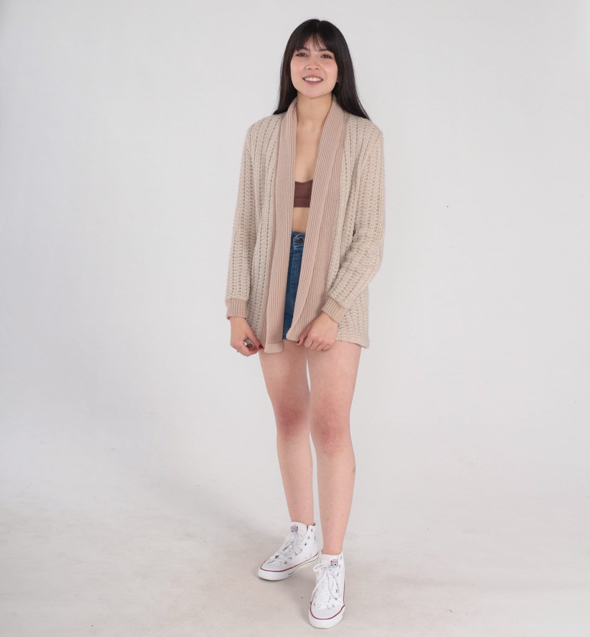70s Light Brown Knit Cardigan Open Front Sweater Small S