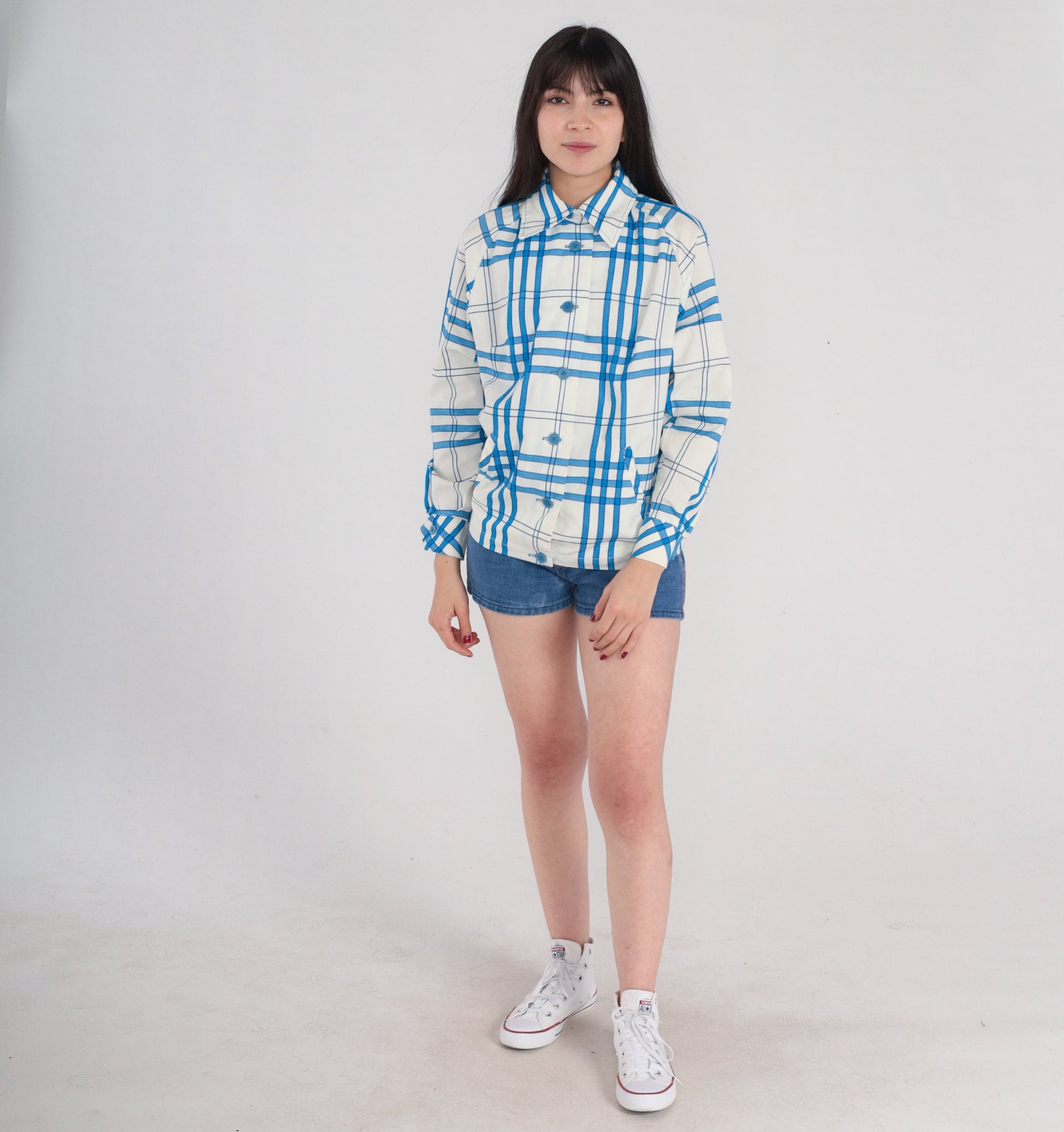 60s Plaid Button-Up Jacket White Blue Checkered Cotton Raglan Medium