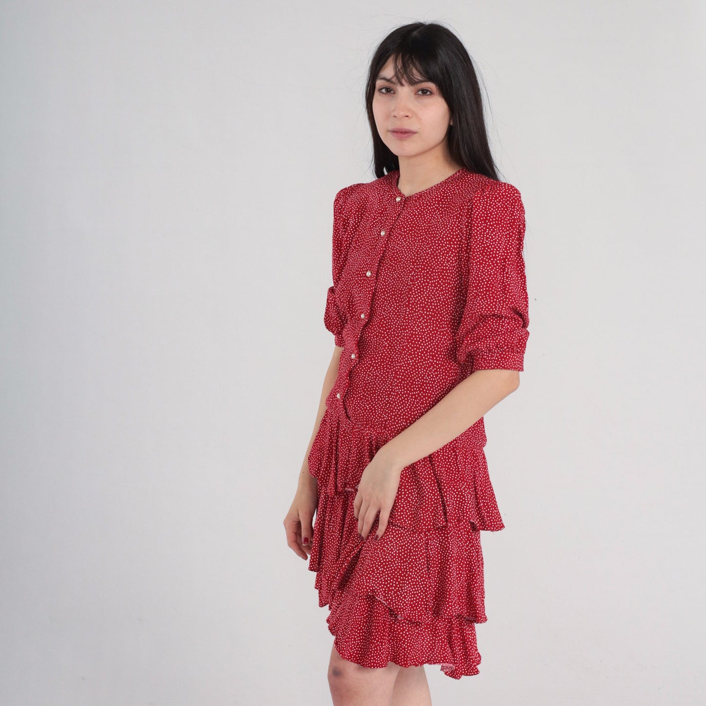 90s Red Polka Dot Mini Dress Puff Sleeve Pearl Button Drop Waist Small S