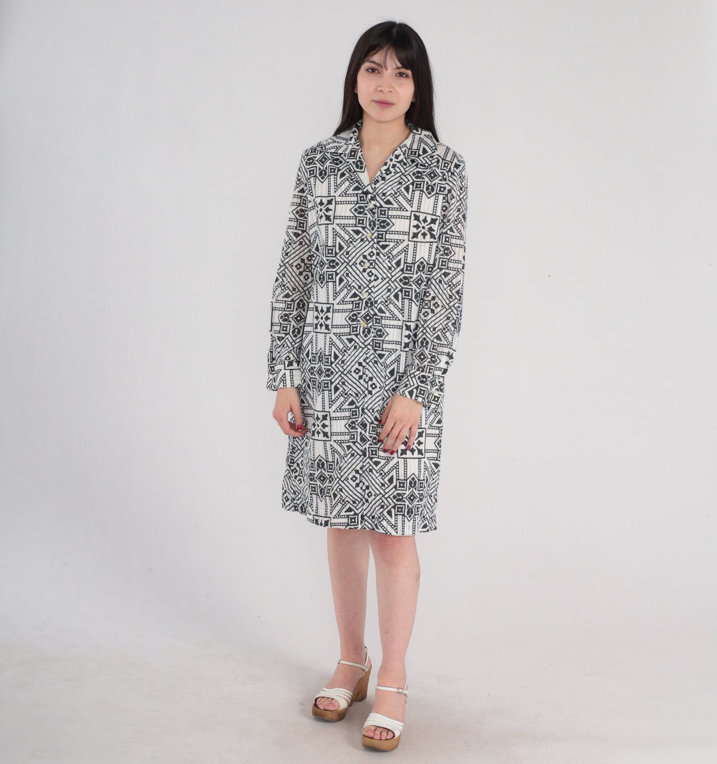 60s Byer Shift Dress Black White Geometric Mini Long Sleeve Medium