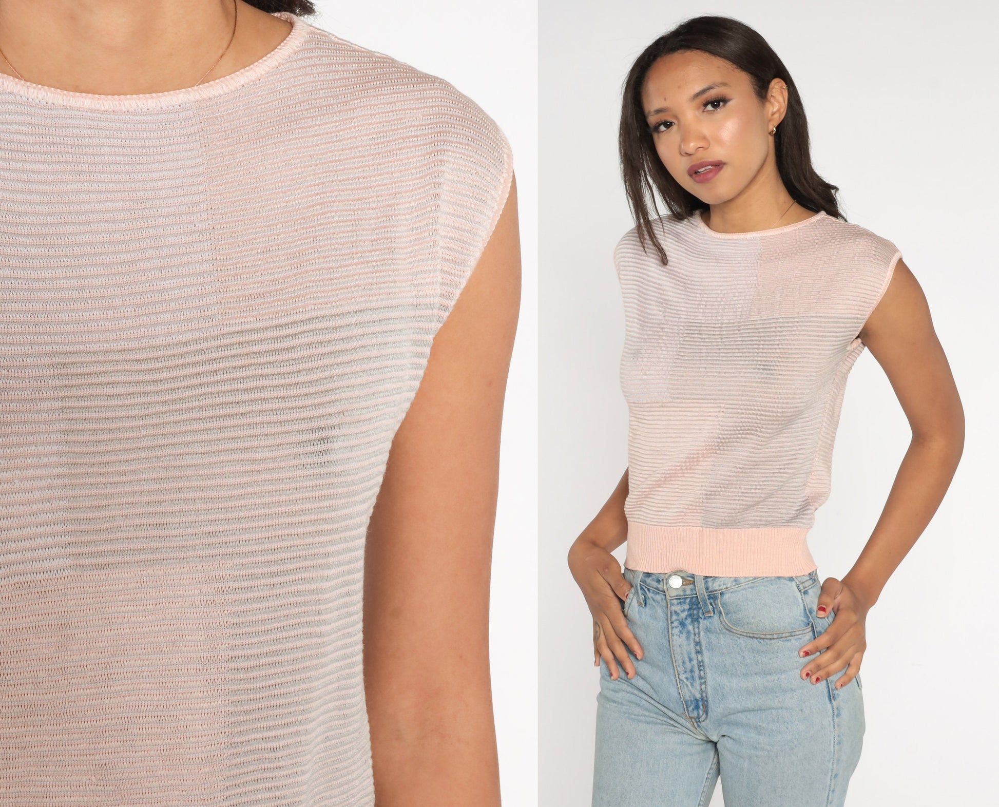 00s Pink Grey Colour Block Knit Cap Sleeve Sweater Top Extra Small