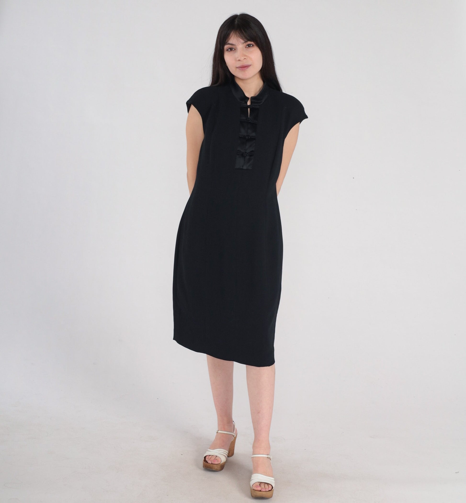 Y2K Jones New York Black Mandarin Collar Mini Dress Cap Sleeve Large 12