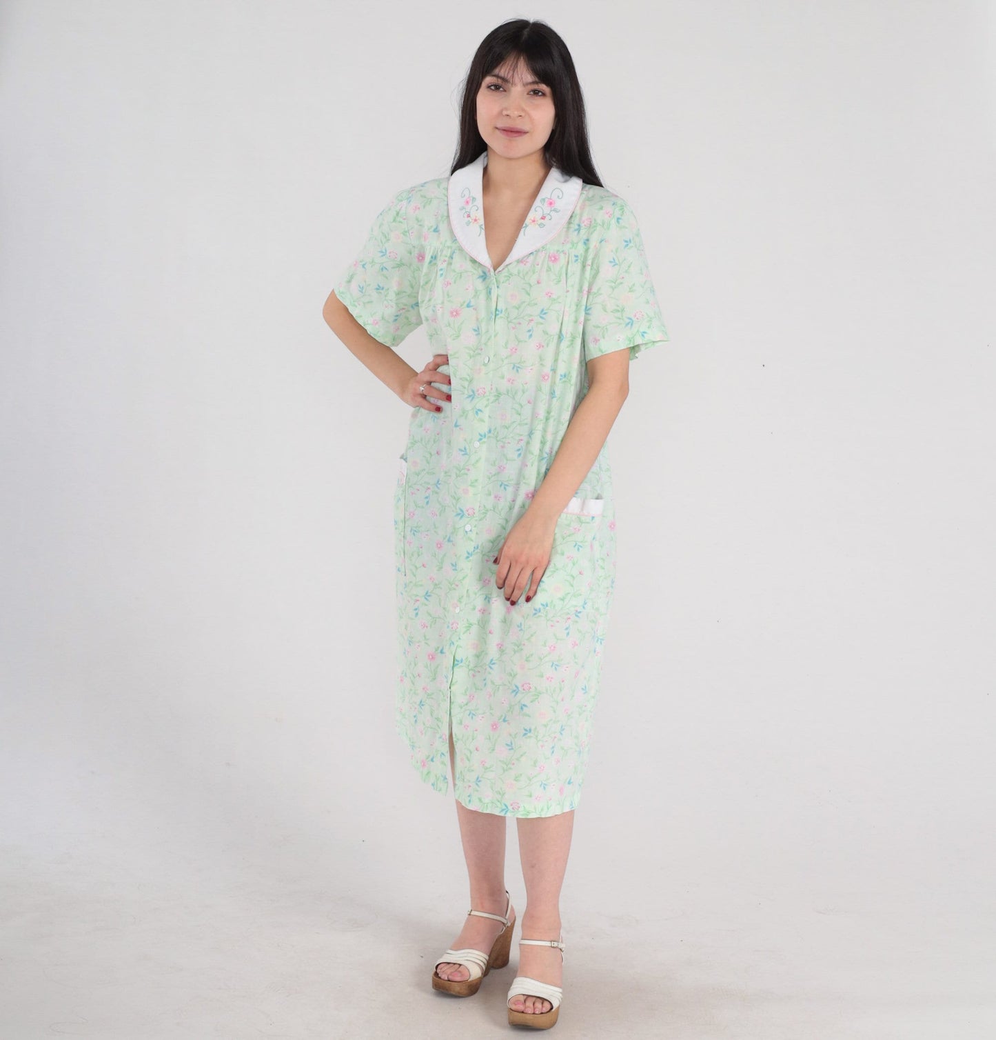 70s Floral Embroidered Nightgown Green Midi Snap Button Pajama Dress Medium