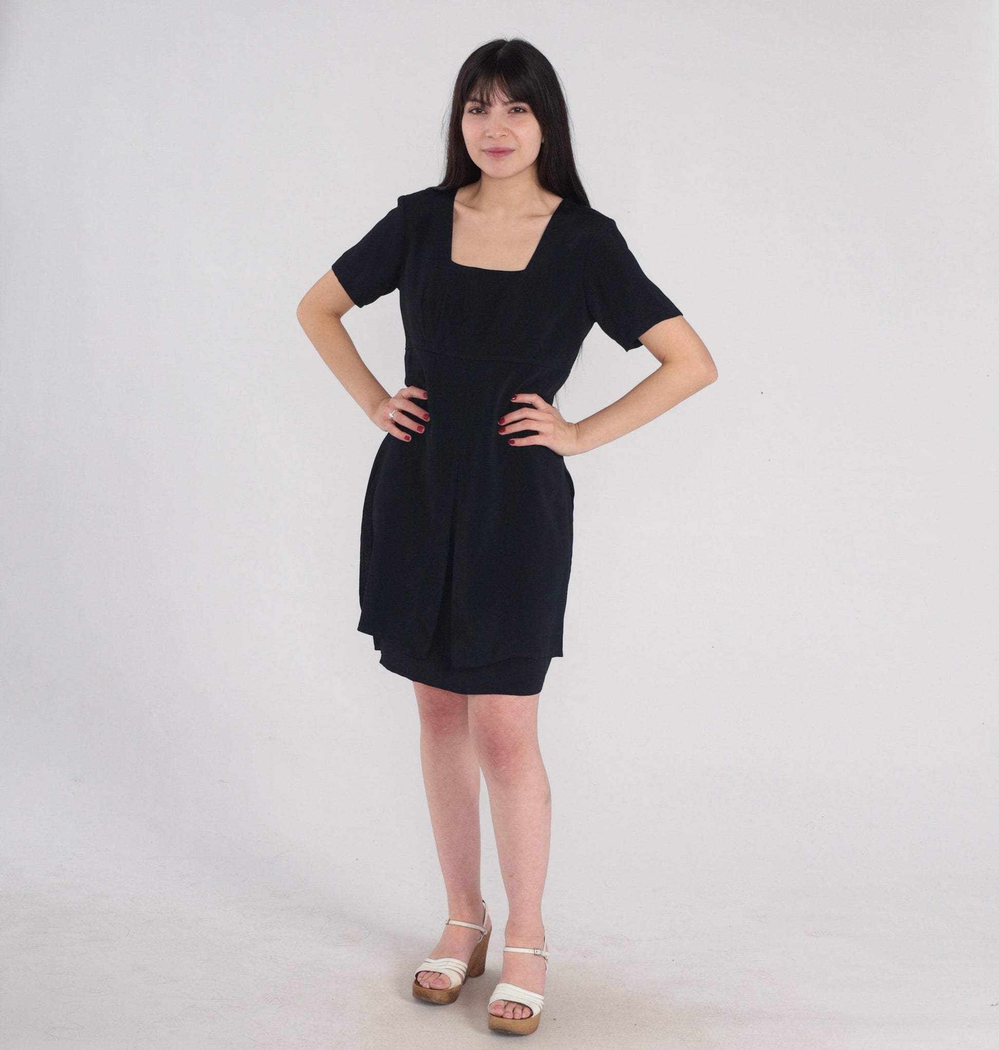 90s Black Mini Shift Dress Empire Waist Square Neckline Small 6