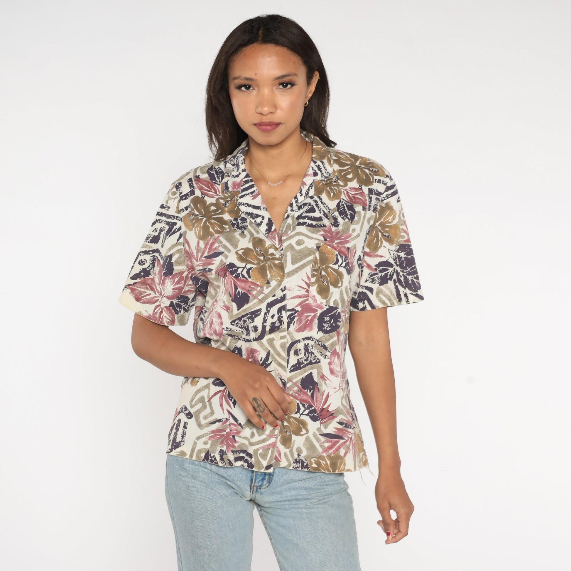 80s Tropical Floral Button-Up Blouse Off-White Purple Short Sleeve Cotton Large