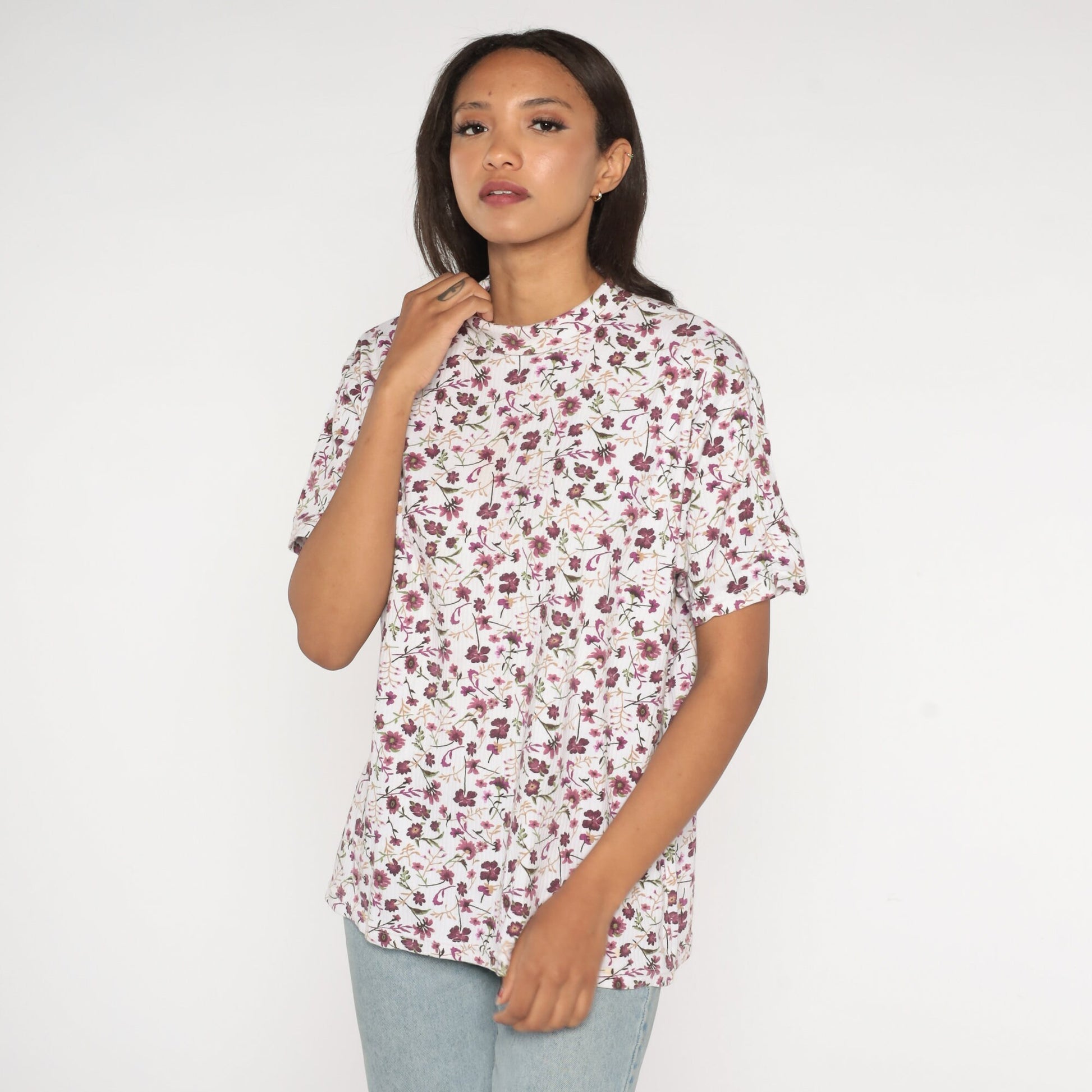 90s Floral T-Shirt White Purple Graphic Ribbed Fold-Over Collar Extra Large XXL