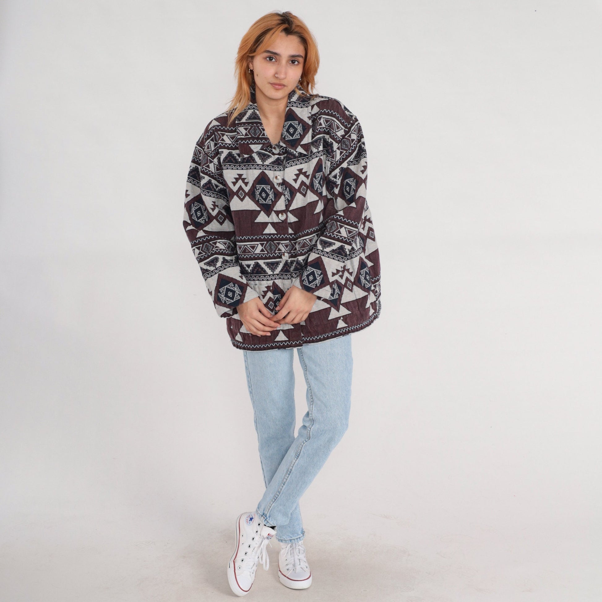90s Southwestern Tapestry Jacket Brown Navy White Aztec Print Extra Extra Large XXL