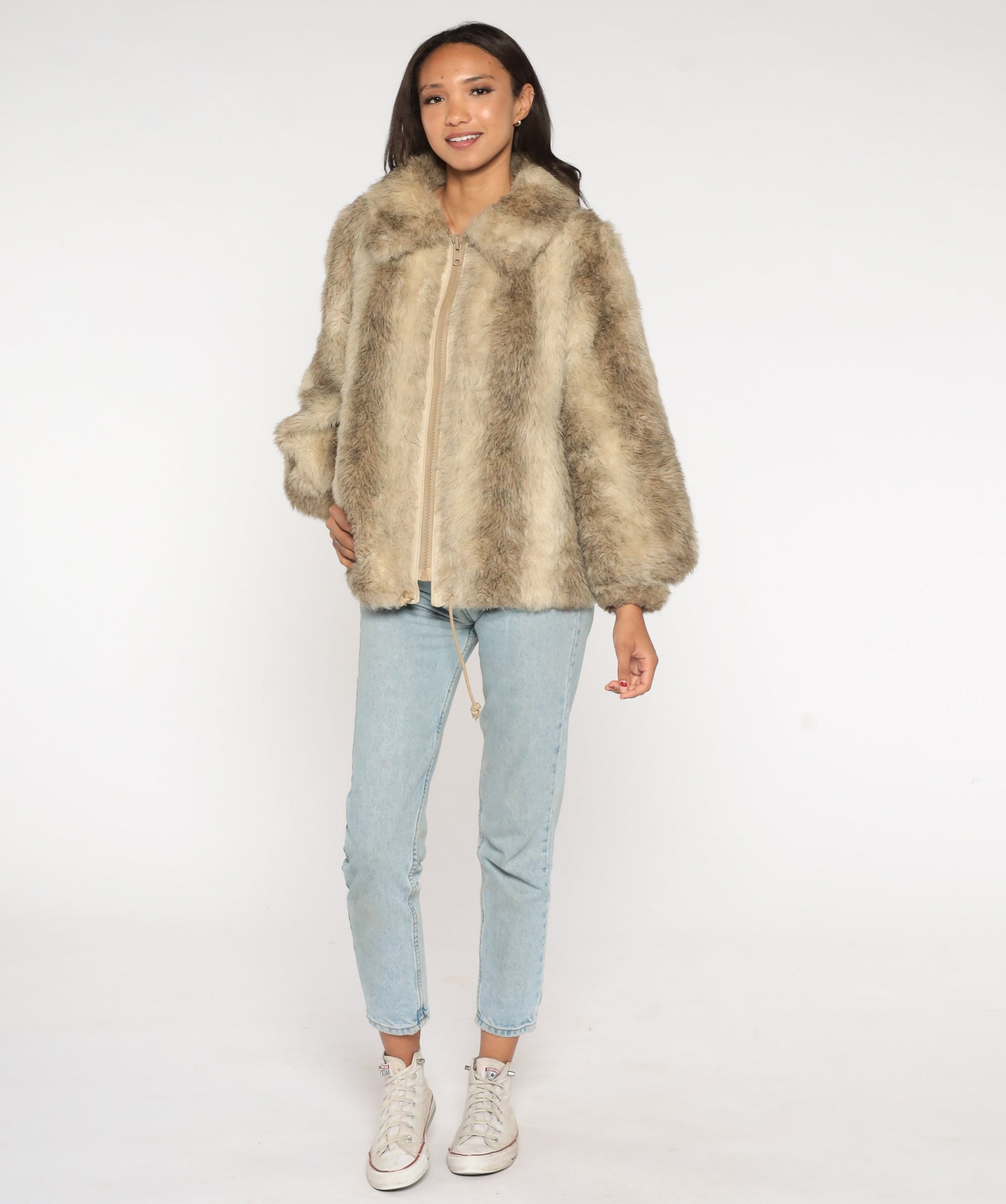 70s Striped Faux Fur Coat Taupe Cream Satin Lined Winter Jacket Medium