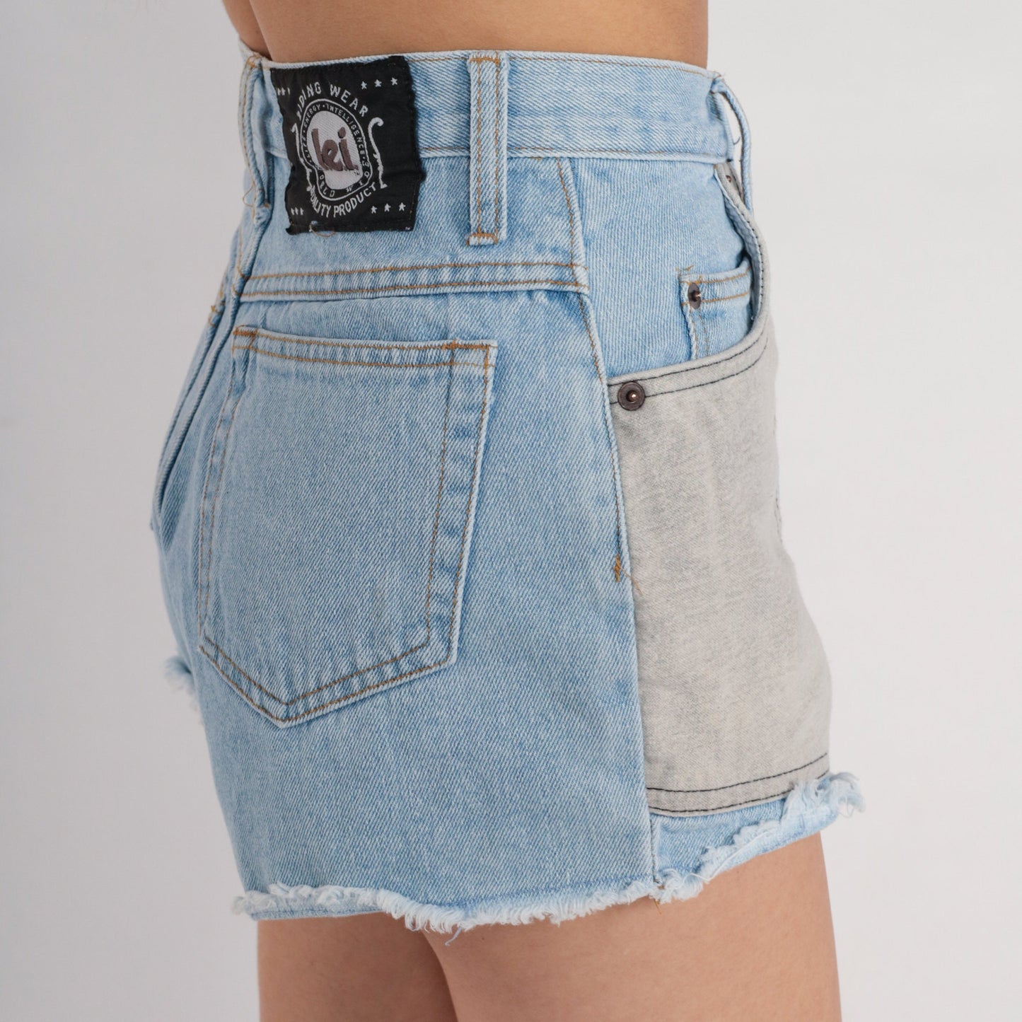 00s Lei Denim Cutoff Shorts High Rise Blue Grey Patch Y2K Extra Small