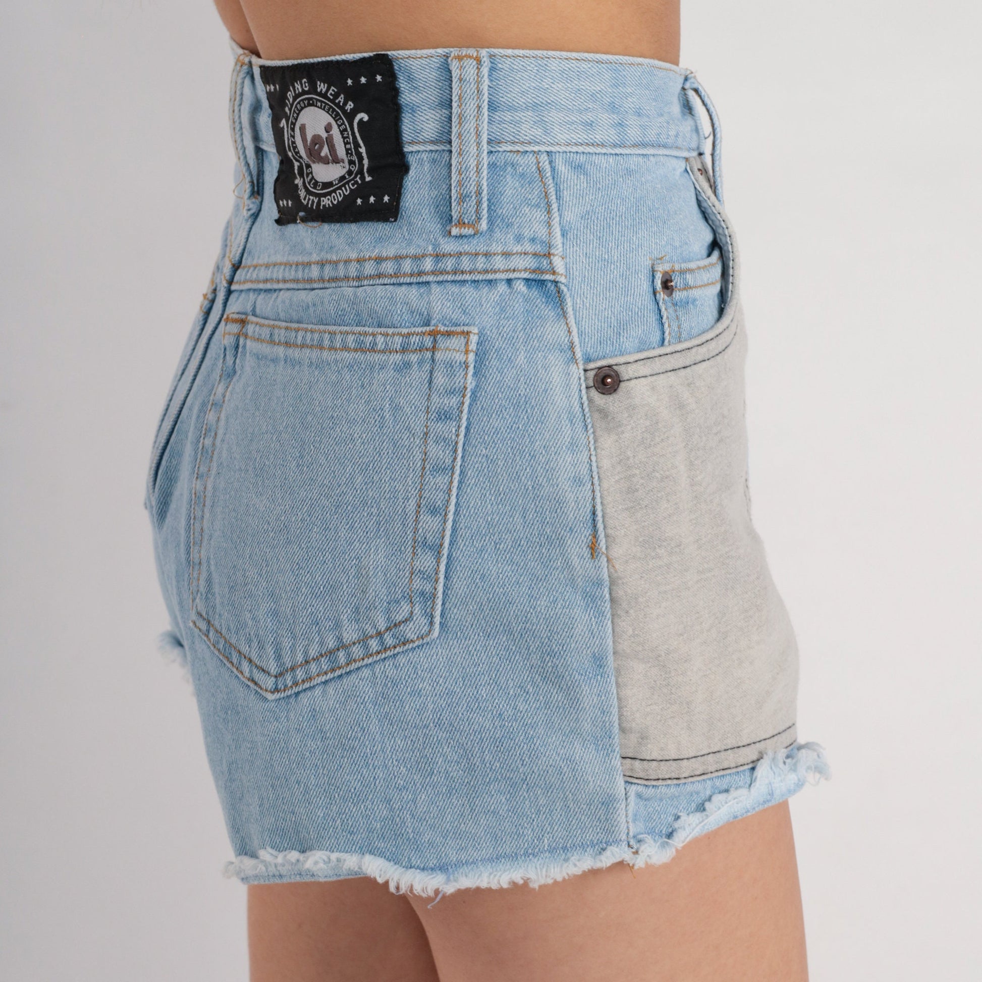 00s Lei Denim Cutoff Shorts High Rise Blue Grey Patch Y2K Extra Small
