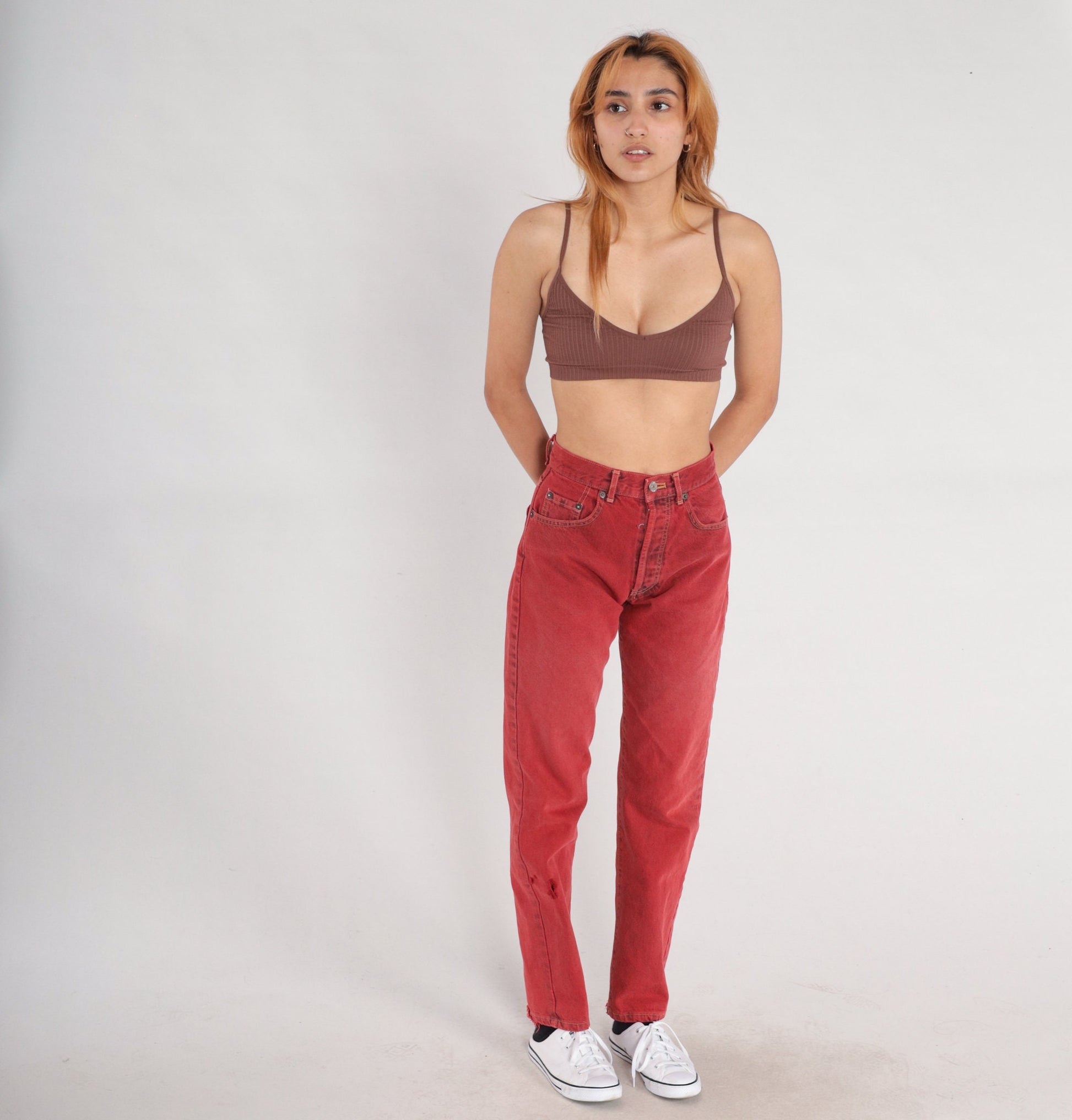 00s Calvin Klein Red Denim High Waisted Slim Straight Jeans Small 26