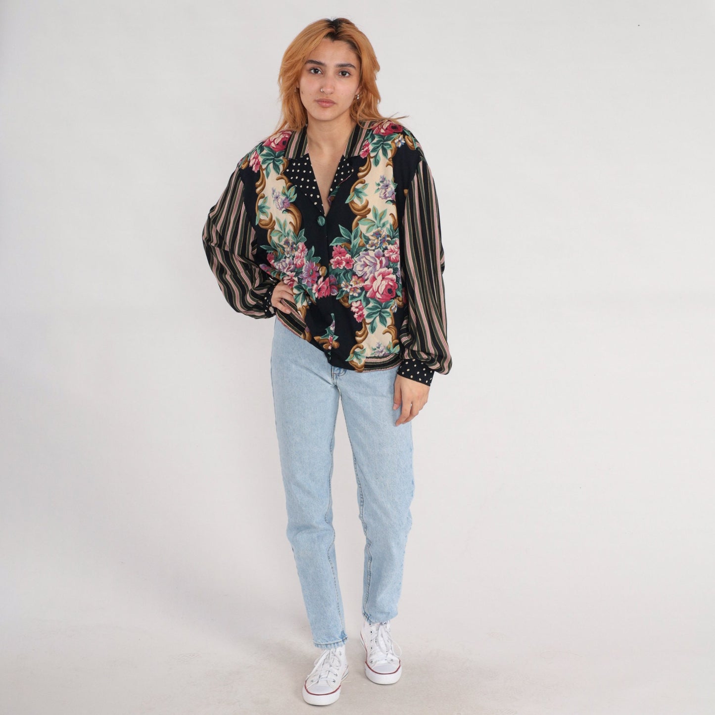 90s Carole Little Floral Button-Up Blouse Rayon Striped Balloon Sleeve Large