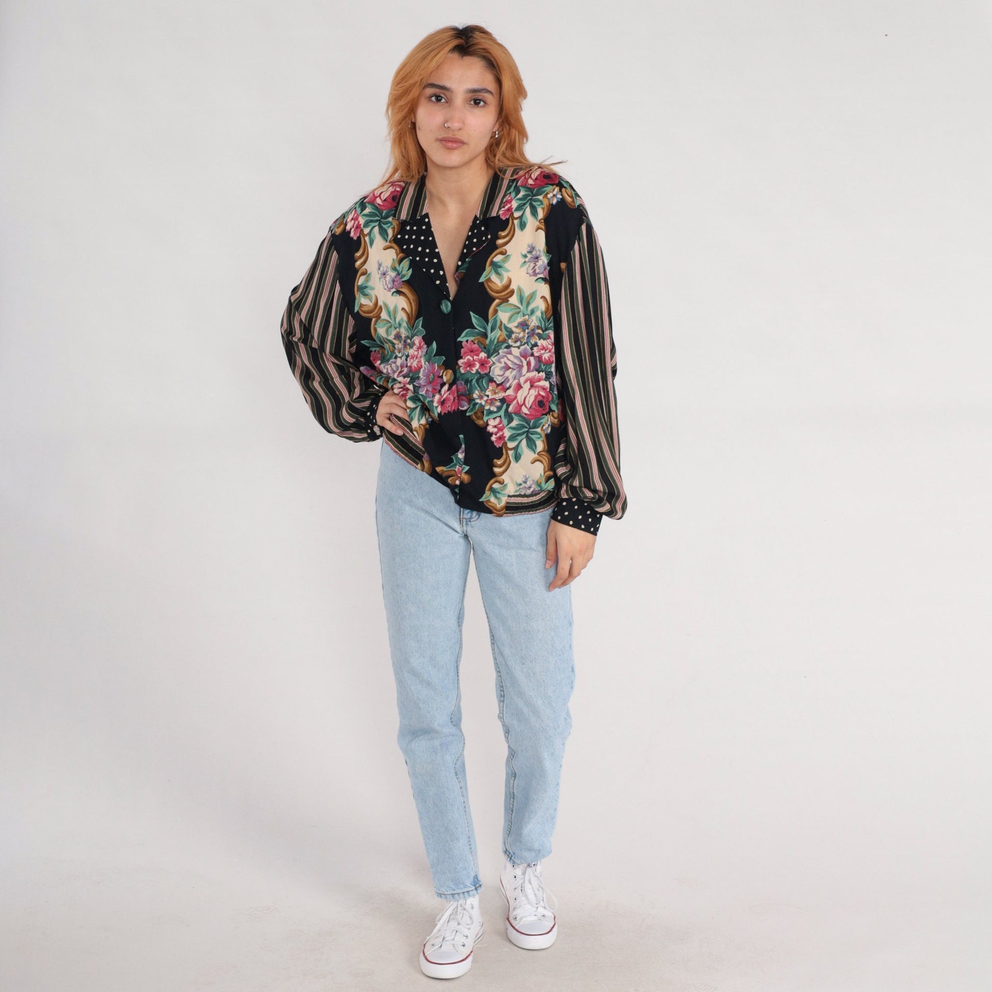 90s Carole Little Floral Button-Up Blouse Rayon Striped Balloon Sleeve Large