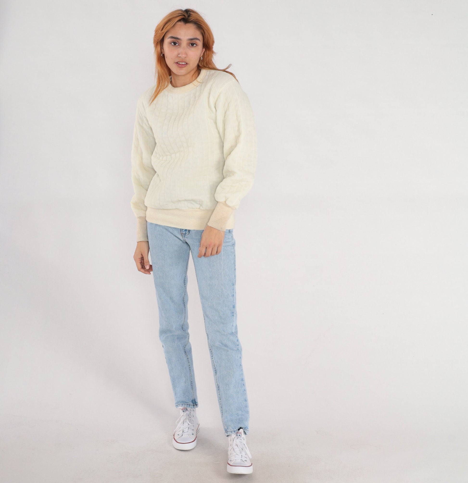 80s Quilted Jacket Liner Cream Nylon Pullover Sweatshirt Medium