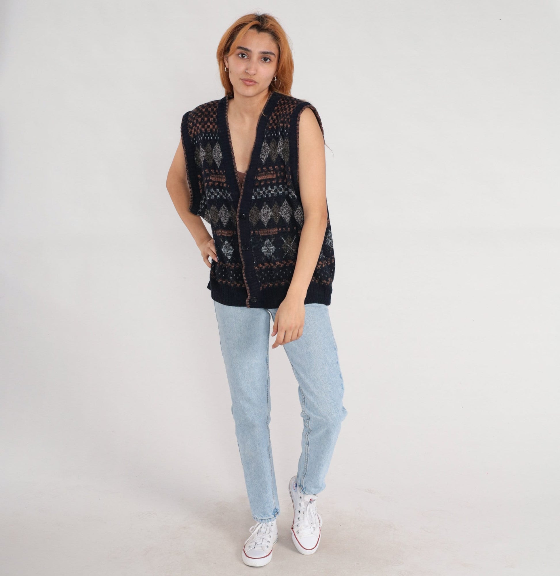 90s Expressions Black Argyle Sweater Vest Button-Up Knit Large L
