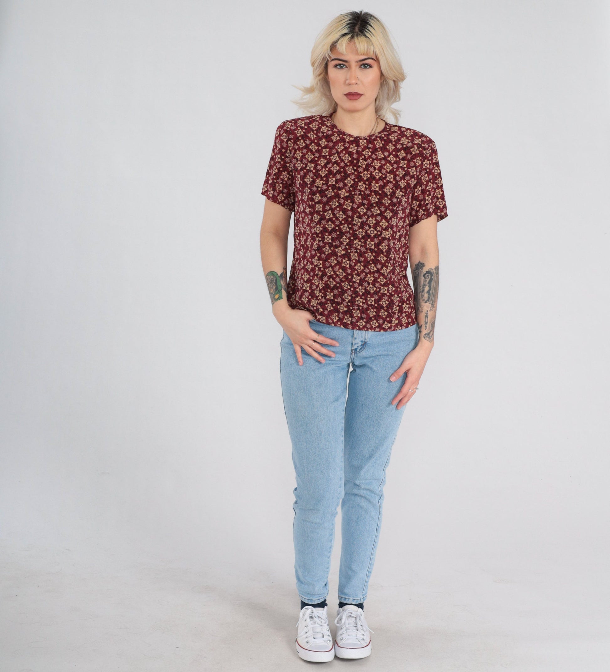 90s Silk Blouse Dark Red Tile Print Short Sleeve Keyhole Back Small