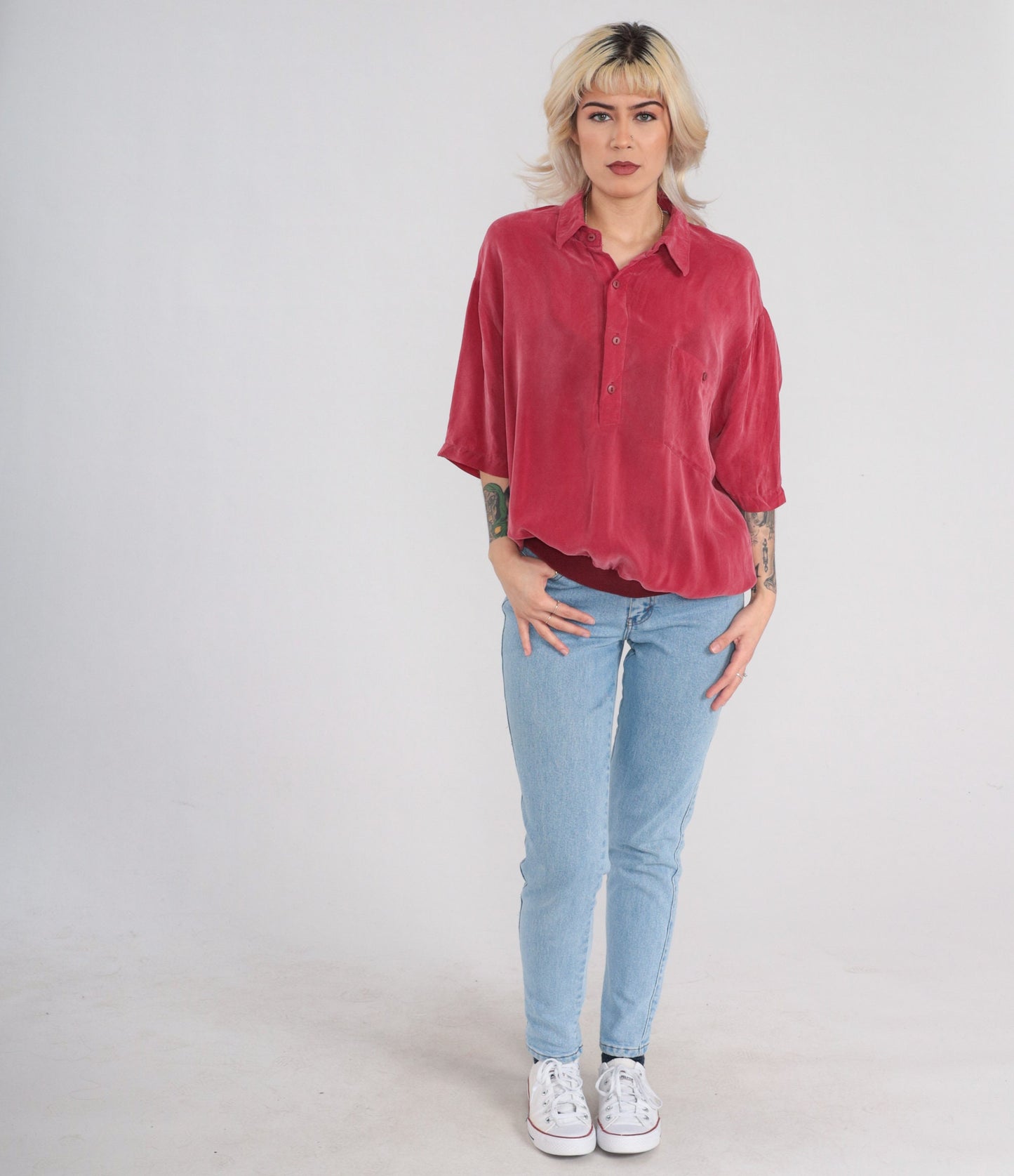 90s Red Polo Shirt Silky Rayon Half Button Collared XL