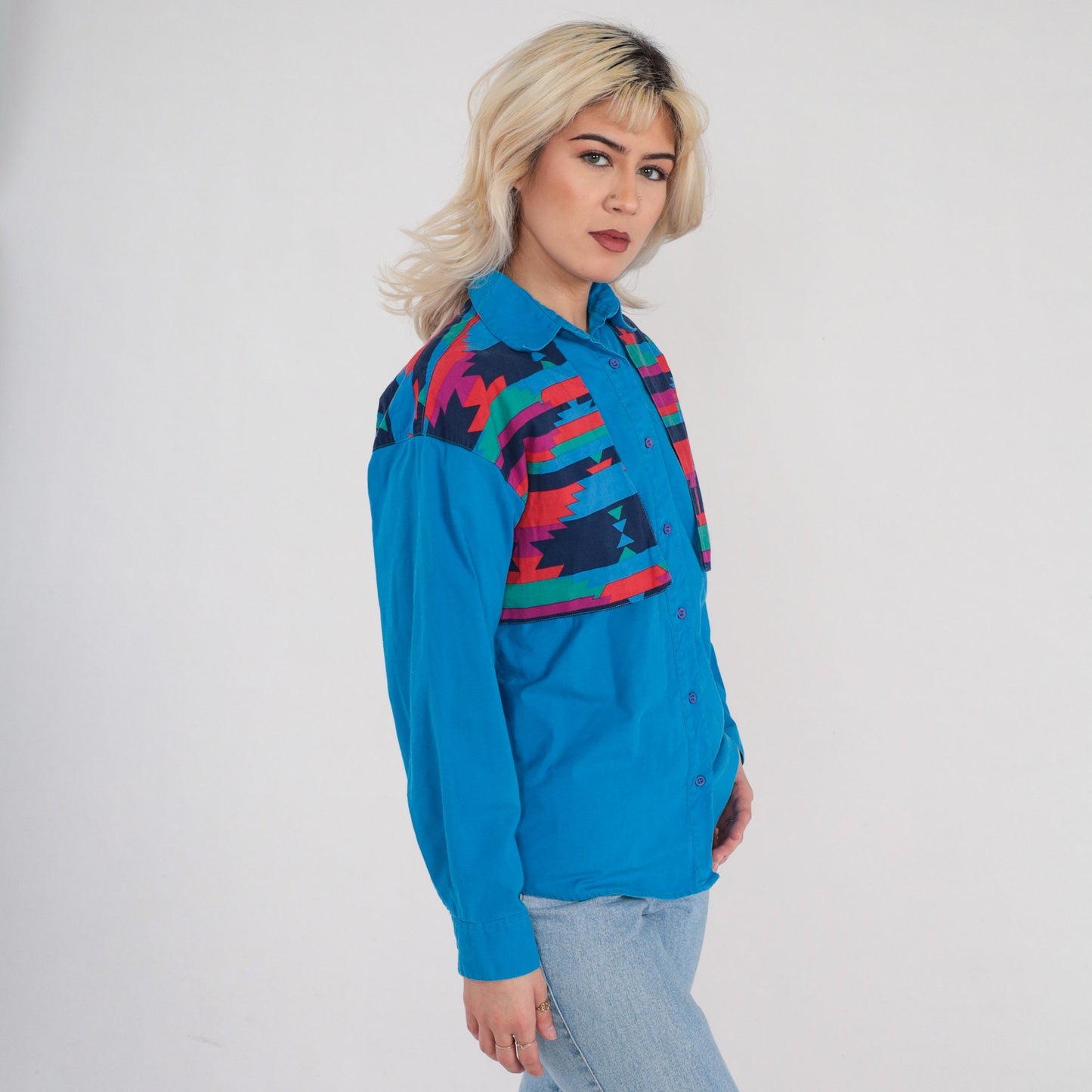 00s Wrangler Blue Southwestern Geometric Yoke Button-Up Shirt Medium M