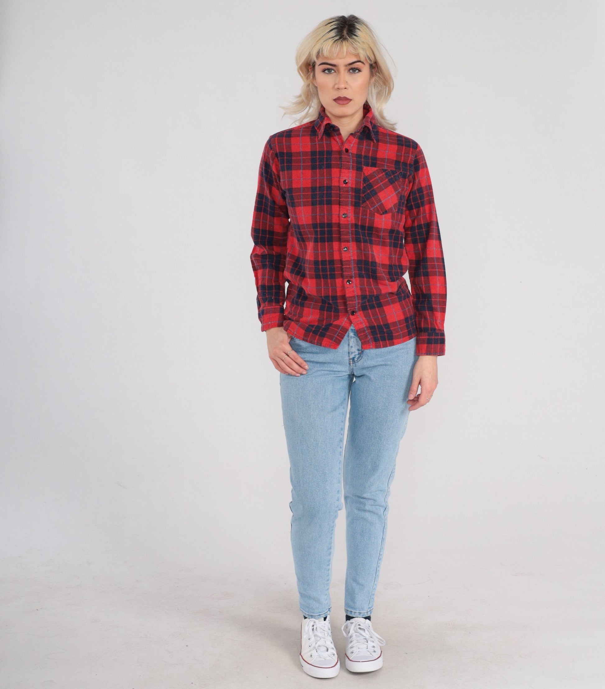 90s Red Plaid Flannel Button-Up Shirt Long Sleeve Small S