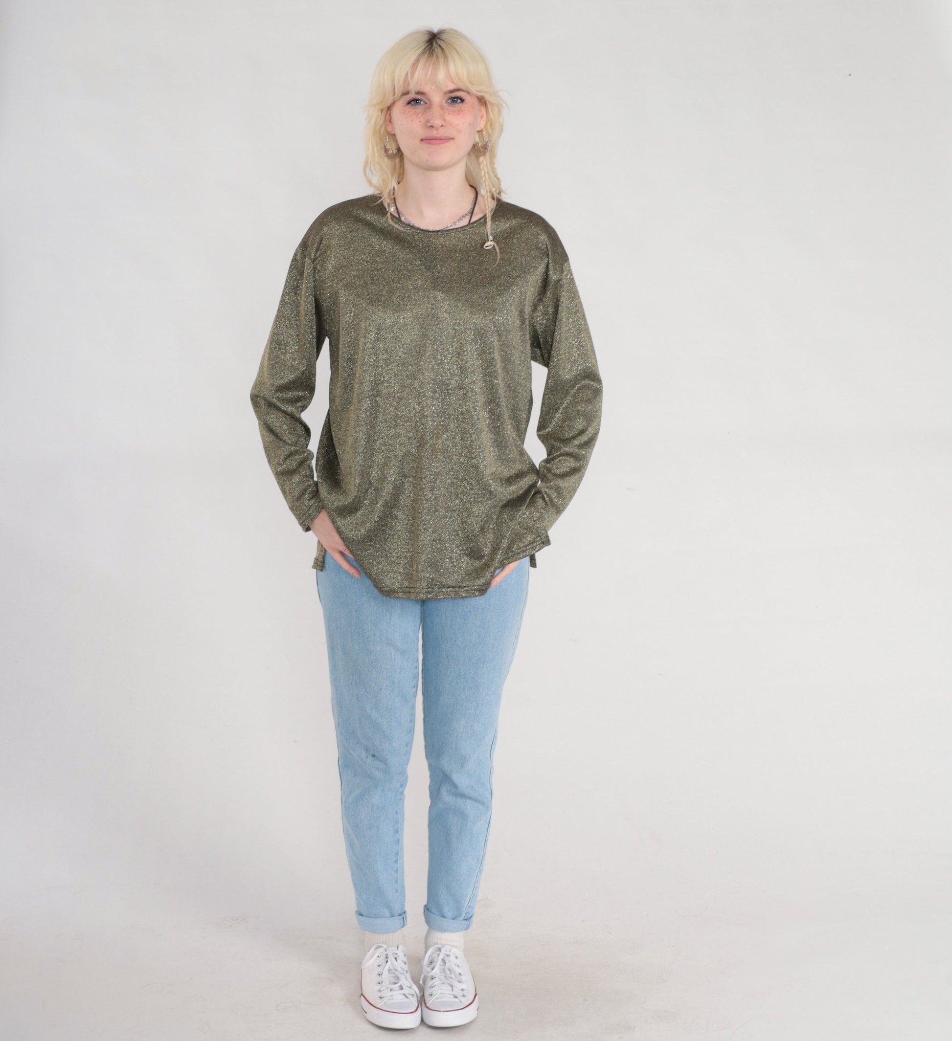 90s Gold Metallic Blouse Long Sleeve Side Slit Party Top Medium