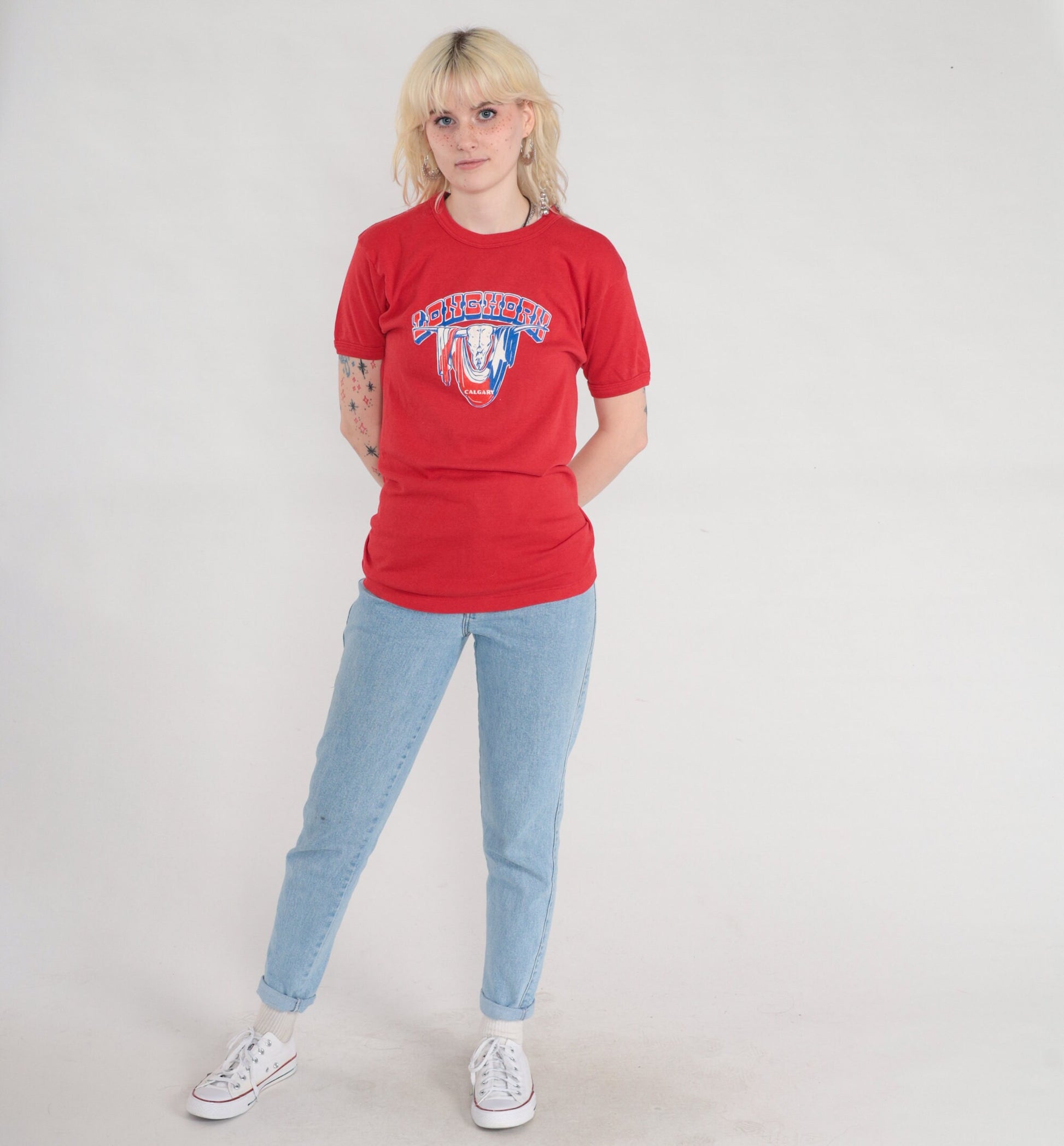 80s Calgary Longhorns Baseball T-Shirt Red Graphic Tee Single Stitch Small