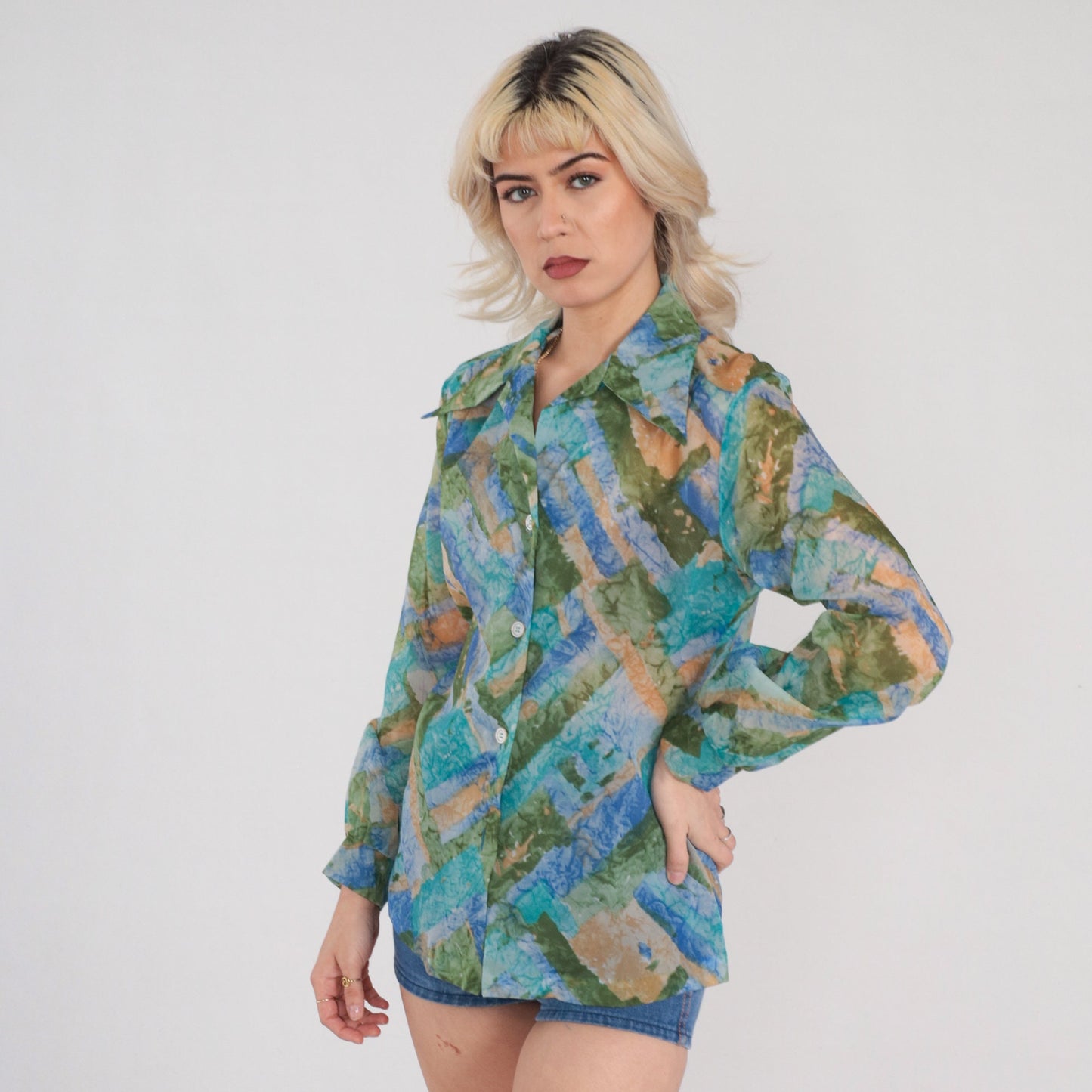 70s Sheer Dagger Collar Button Up Blouse Blue Green Abstract Print Small
