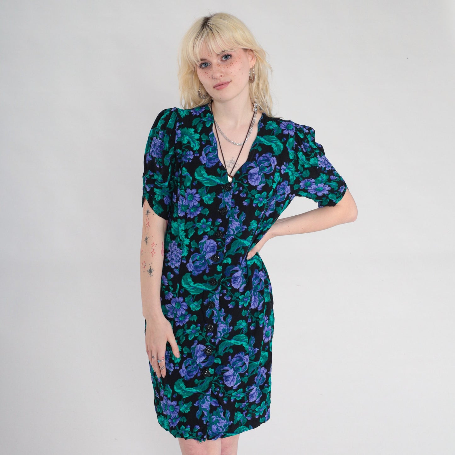 90s All That Jazz Floral Mini Dress Black Puff Sleeve V-Neck Medium