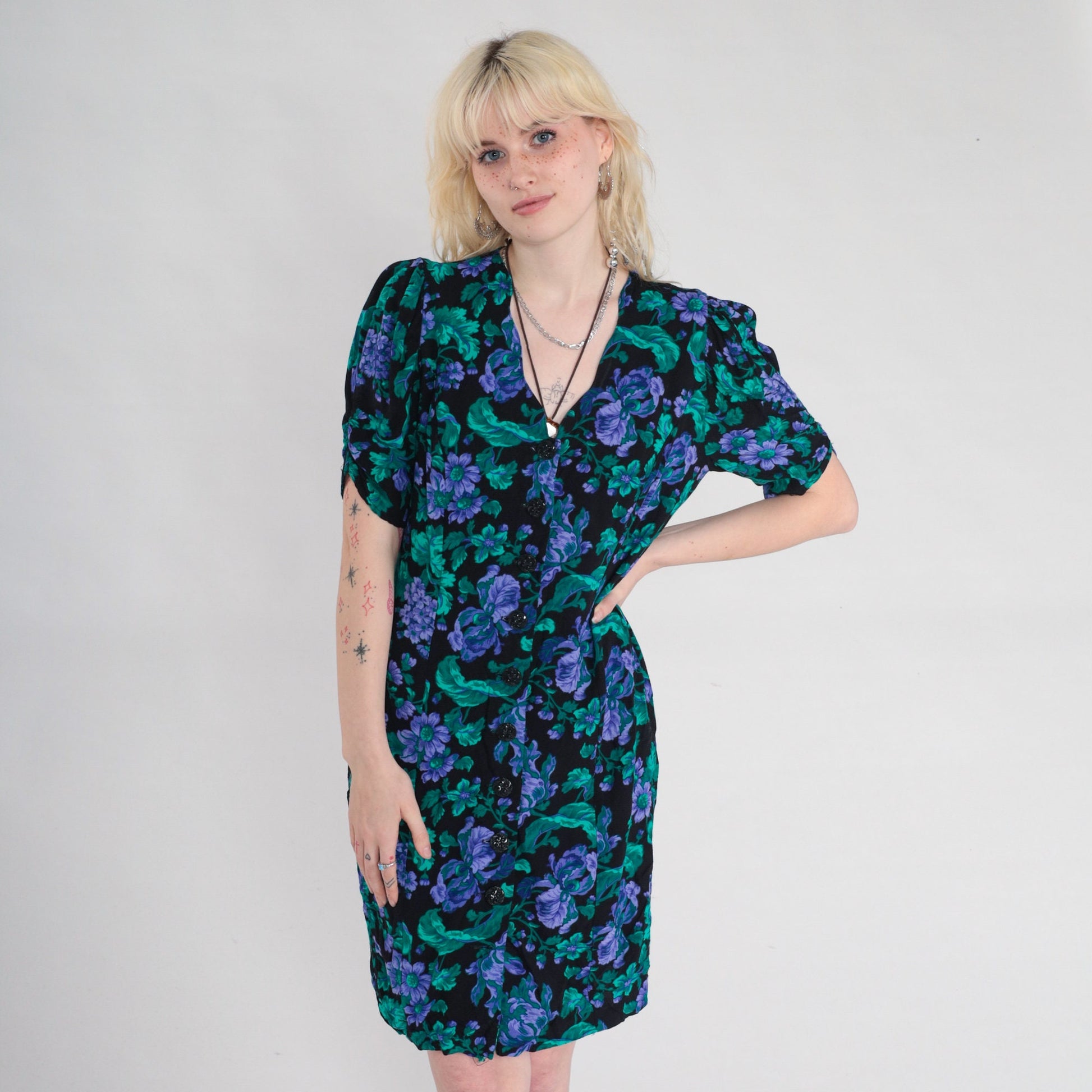 90s All That Jazz Floral Mini Dress Black Puff Sleeve V-Neck Medium
