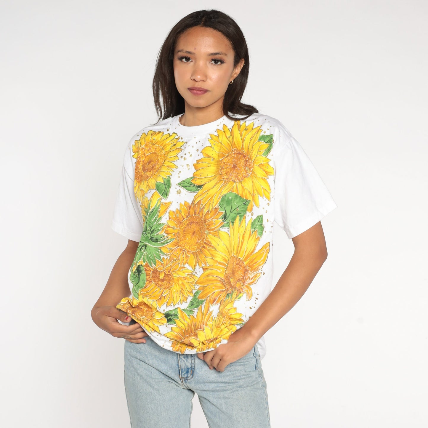 90s Sunflower Glitter Graphic T-Shirt White Cotton Tee Small