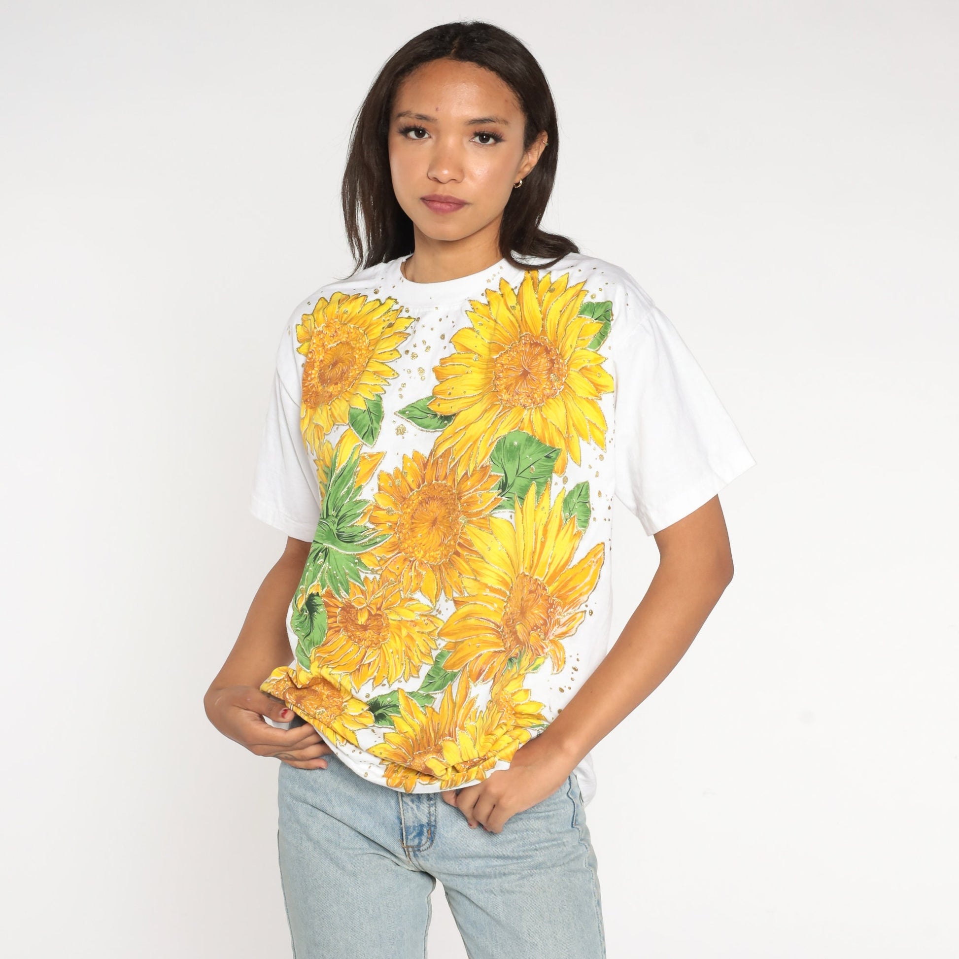 90s Sunflower Glitter Graphic T-Shirt White Cotton Tee Small