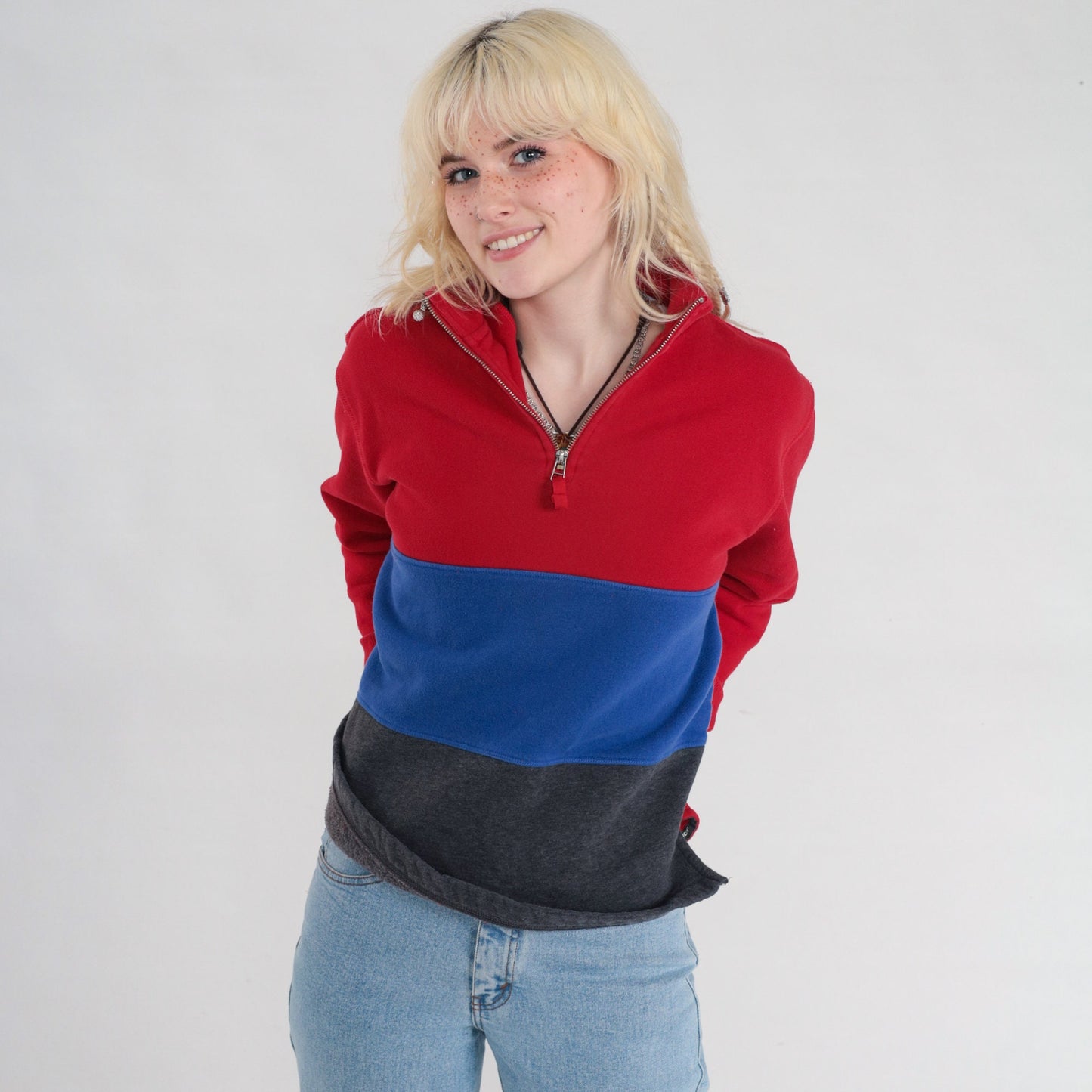80s Pacers Quarter Zip Sweatshirt Striped Color Block Red Blue Grey Small