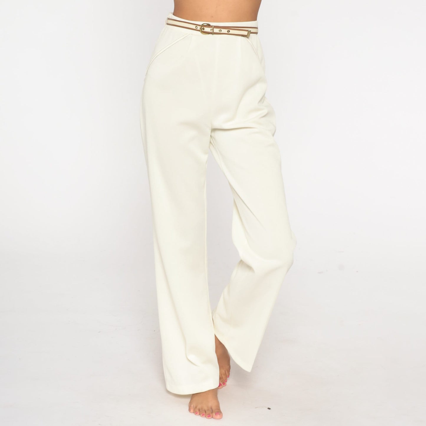 70s White High-Rise Straight Leg Trousers with Belt Medium